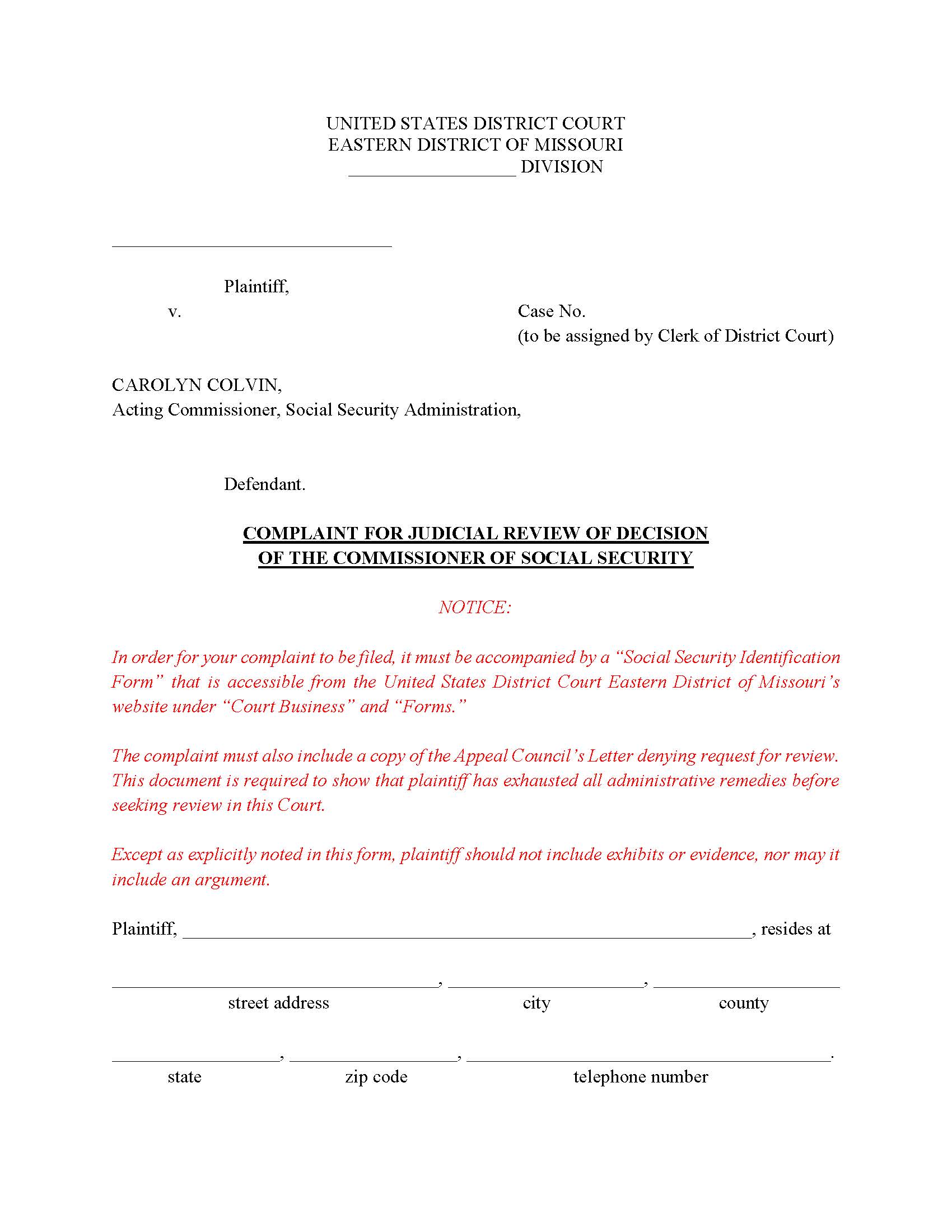 Complaint For Judicial Review Of Decision Of The Commissioner Of Social Security {MOED-0045} | Pdf Fpdf Docx | Missouri