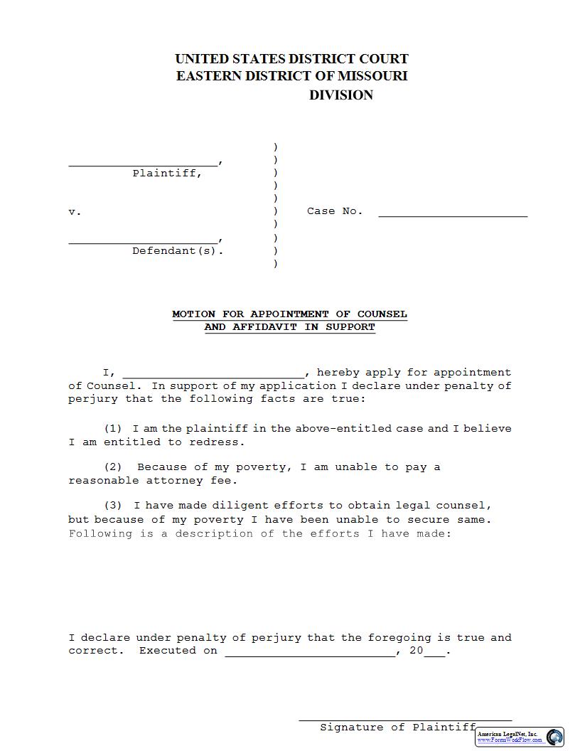 Motion For Appointment Of Counsel And Affidavit In Support {MOED-0034} | Pdf Fpdf Docx | Missouri