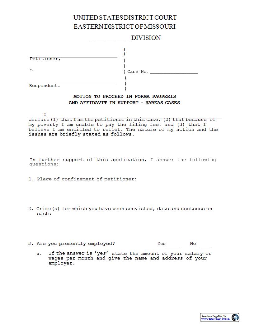 Motion to Proceed In Forma Pauperis - Habeas Corpus {MOED-0038} | Pdf Fpdf Docx | Missouri
