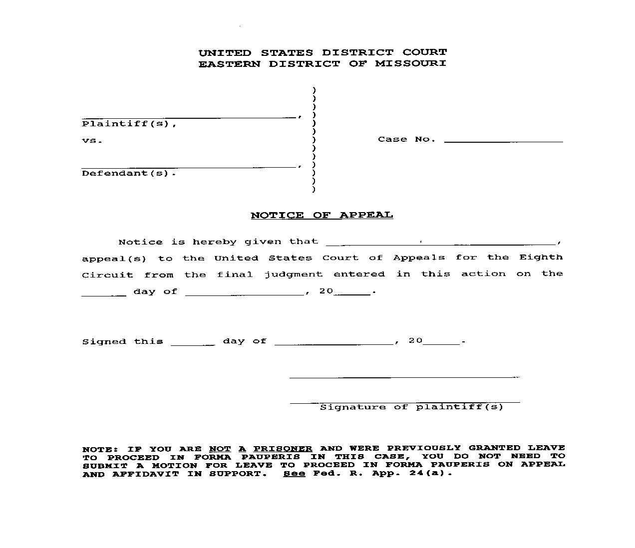 Notice Of Appeal (Prisoner) |  | Missouri