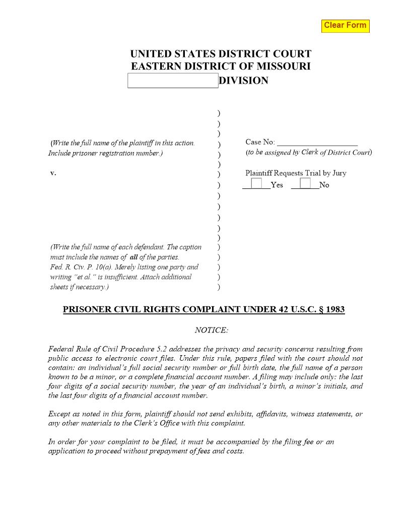 Prisoner Civil Rights Complaint {MOED-0036} | Pdf Fpdf Docx | Missouri