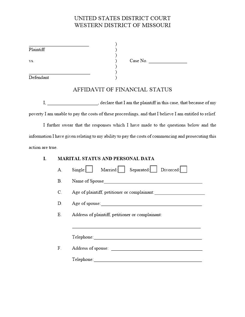 Affidavit Of Financial Status | Pdf Fpdf Docx | Missouri
