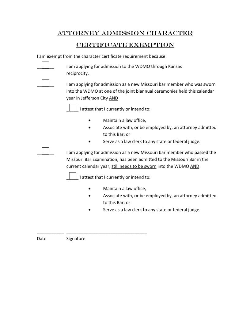 Attorney Character Certificate Exemption | Pdf Fpdf Docx | Missouri