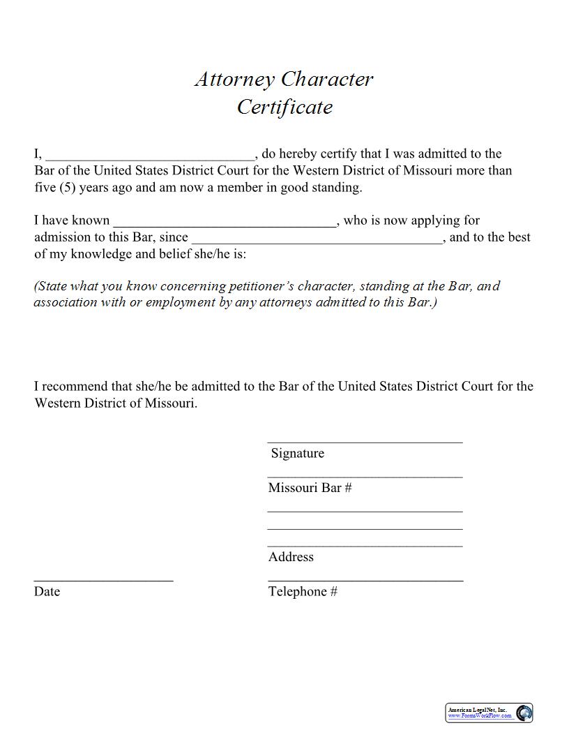 Attorney Character Certificate | Pdf Fpdf Docx | Missouri