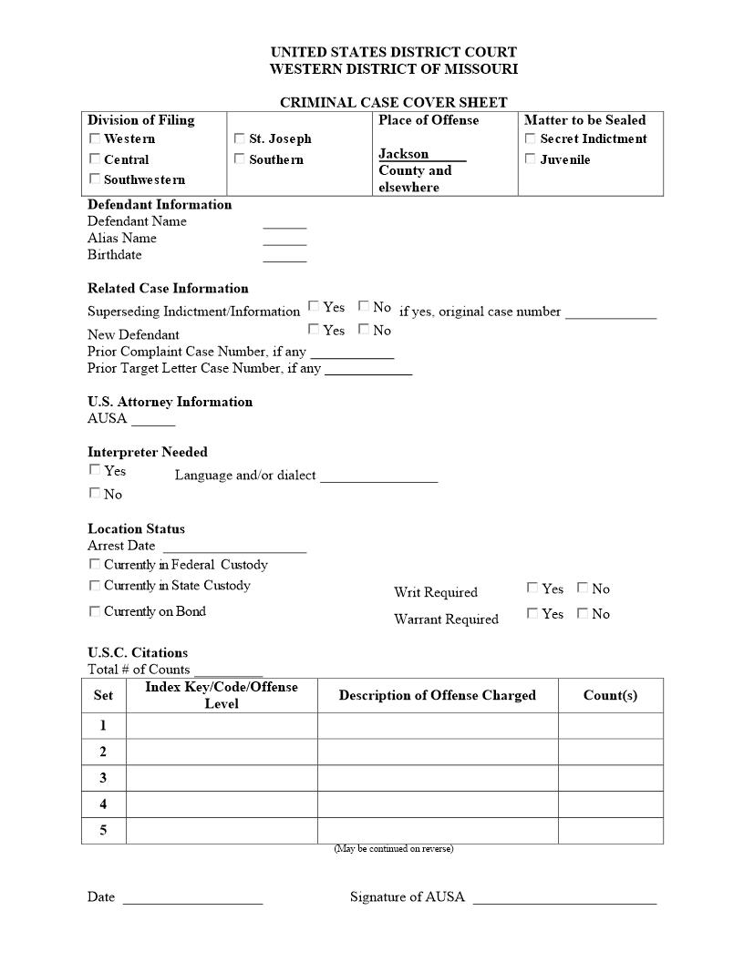 Criminal Case Cover Sheet | Pdf Fpdf Docx | Missouri
