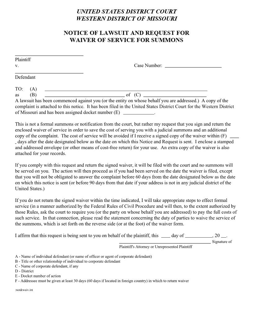 Notice Of Lawsuit And Request For Waiver of Service | Pdf Fpdf Docx | Missouri