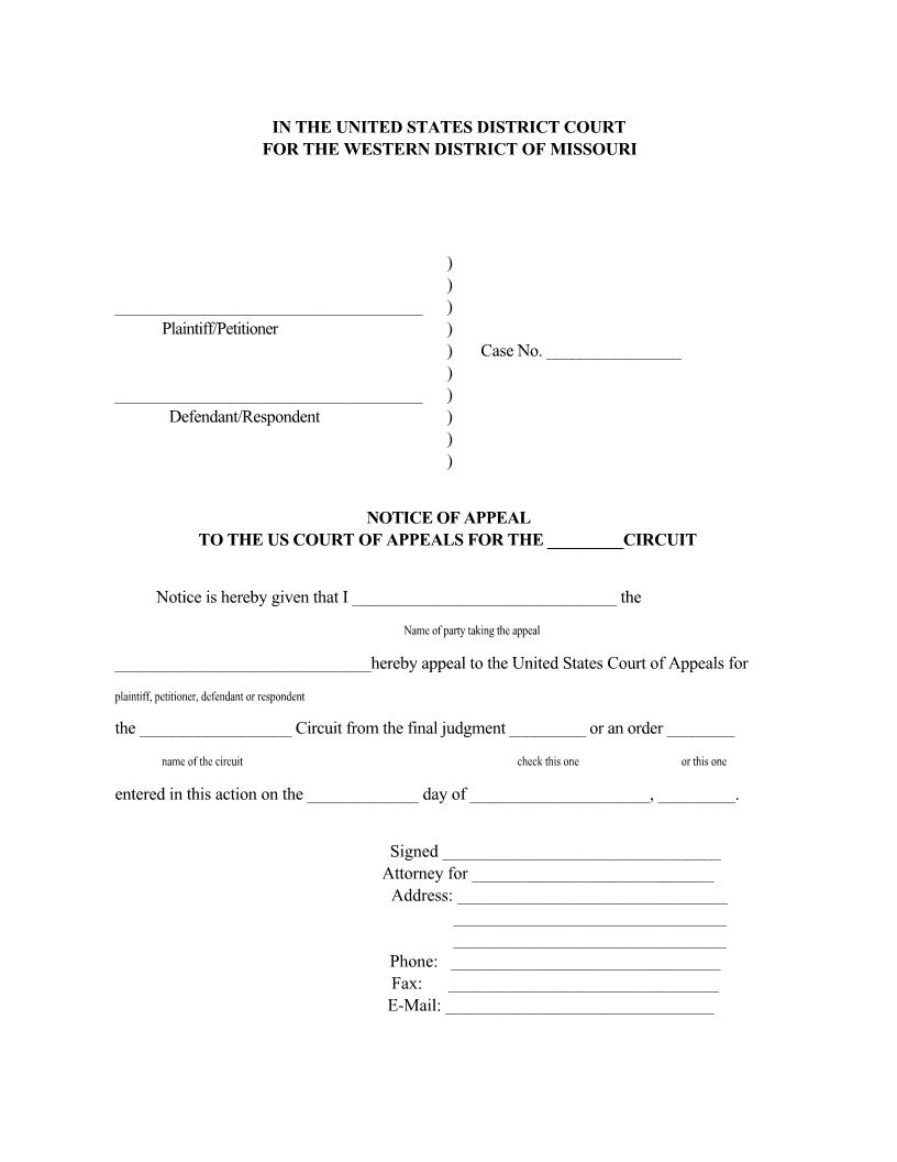 Notice of Appeal - Civil Case | Pdf Fpdf Docx | Missouri