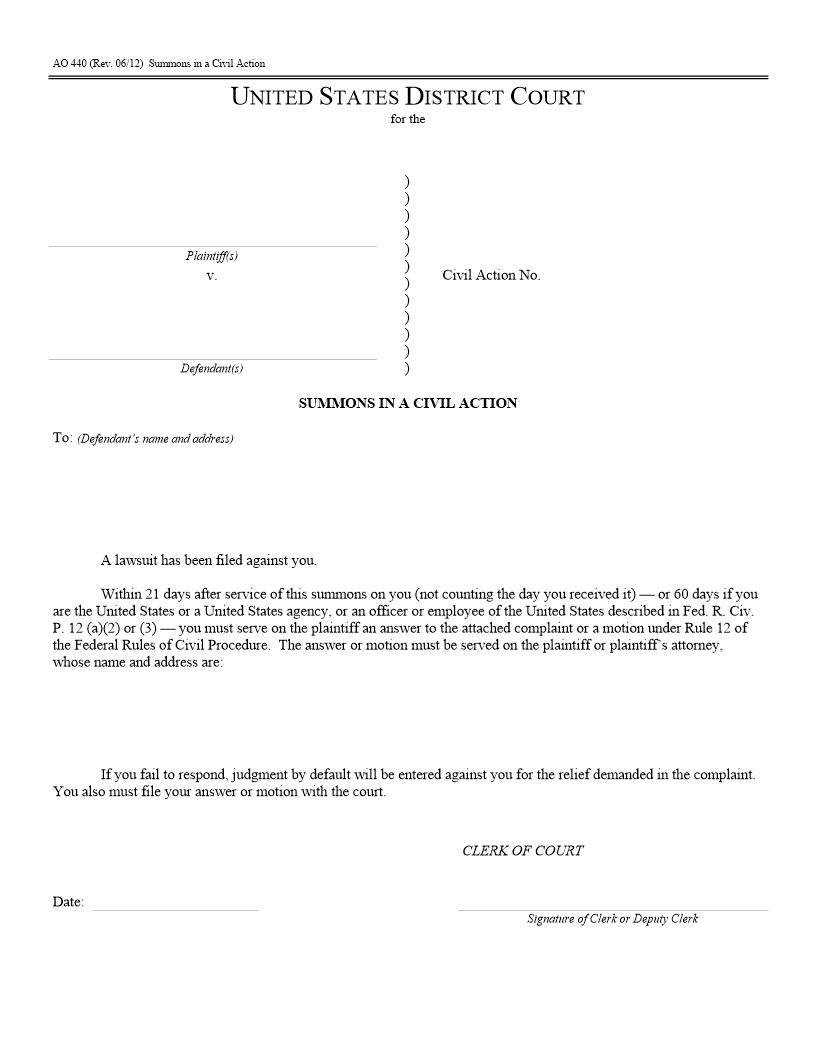 Summons In A Civil Action {AO 440} | Pdf Fpdf Docx | Missouri