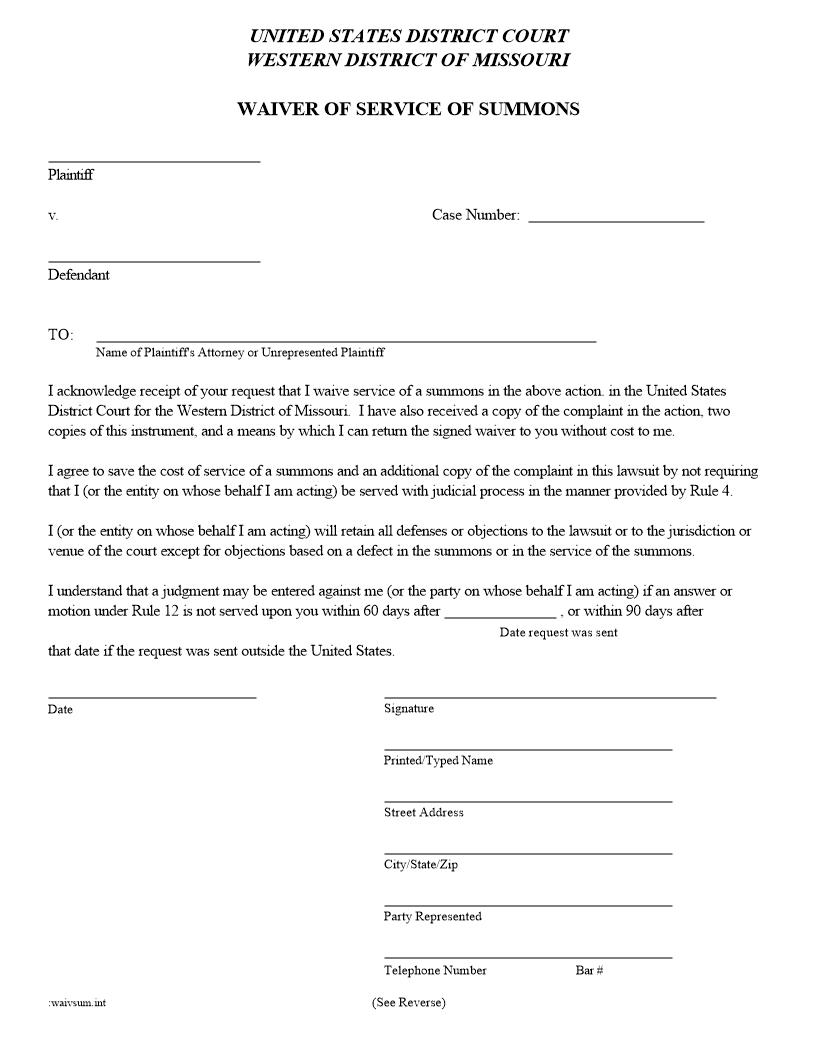 Waiver Of Summons | Pdf Fpdf Docx | Missouri