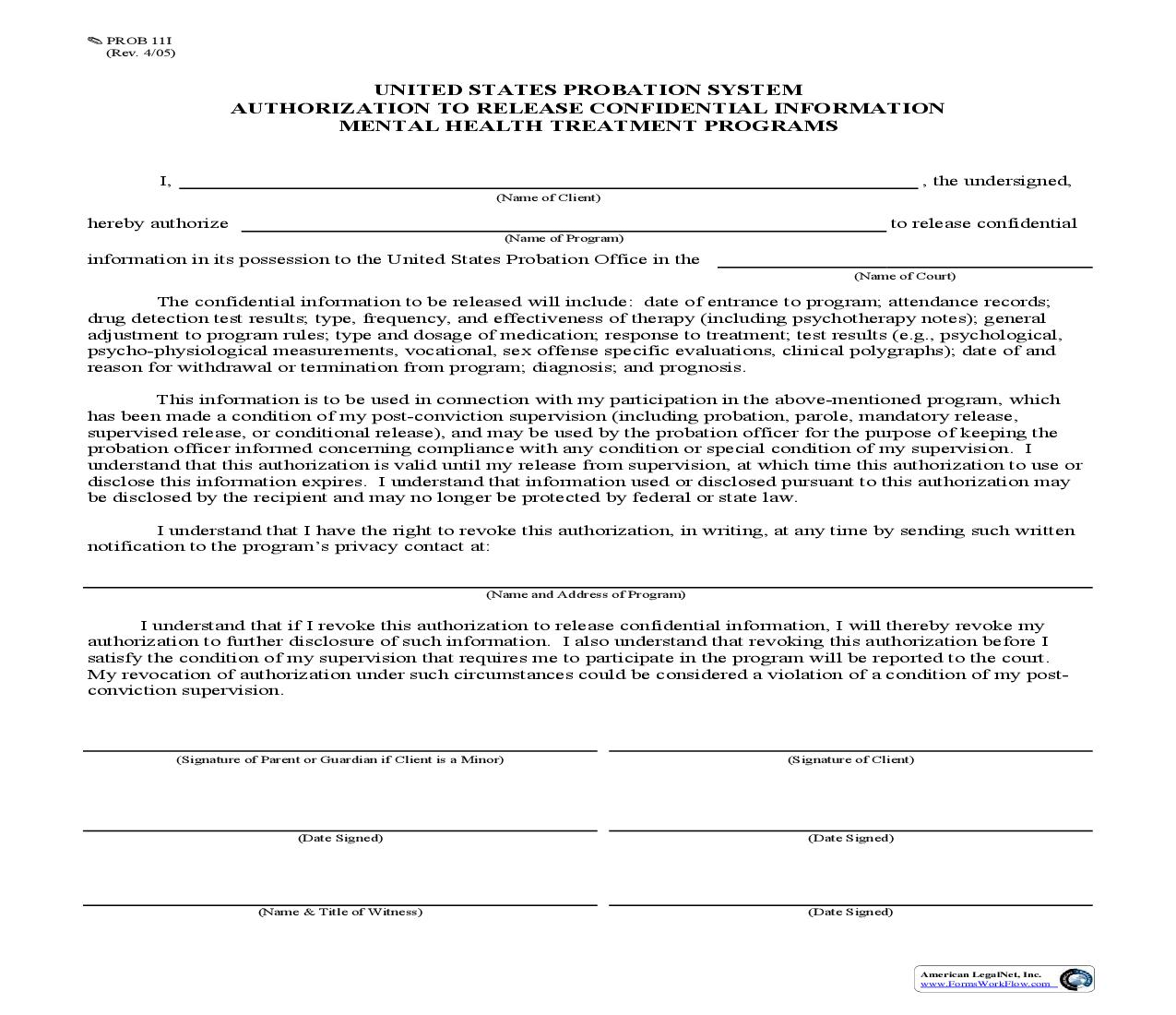 Authorization To Release Confidential Information - Mental Health Treatment Programs {PROB 11I} | Pdf Fpdf Doc Docx | Missouri
