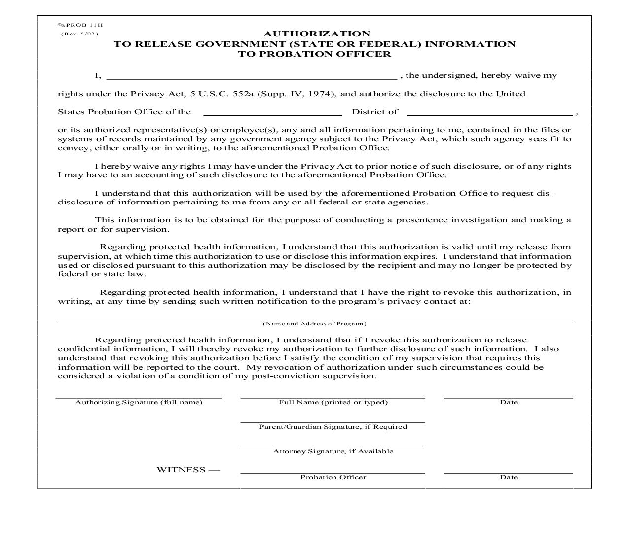 Authorization To Release Government Information To Probation Officer - State Or Federal {PROB 11H} | Pdf Fpdf Doc Docx | Missouri