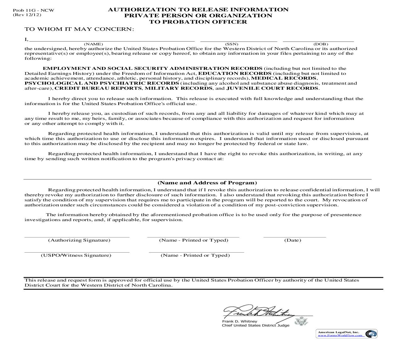 Authorization To Release Information To Probation Officer - Private Person Or Organization {PROB 11G} | Pdf Fpdf Doc Docx | Missouri