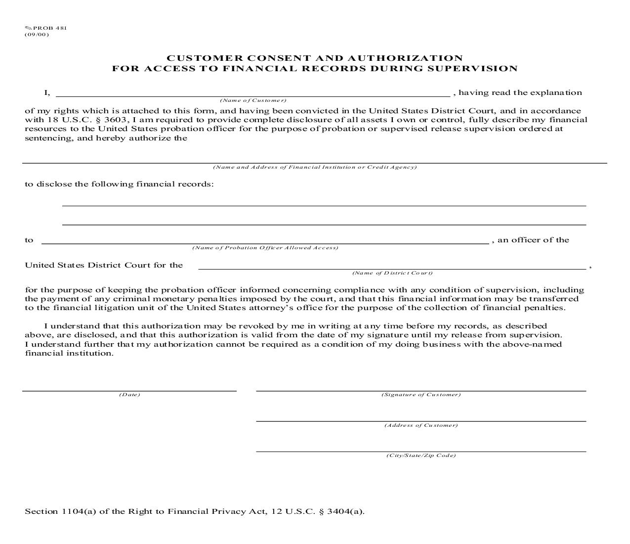 Customer Consent And Authorization For Access To Financial Records During Supervision {PROB 48I} | Pdf Fpdf Doc Docx | Missouri