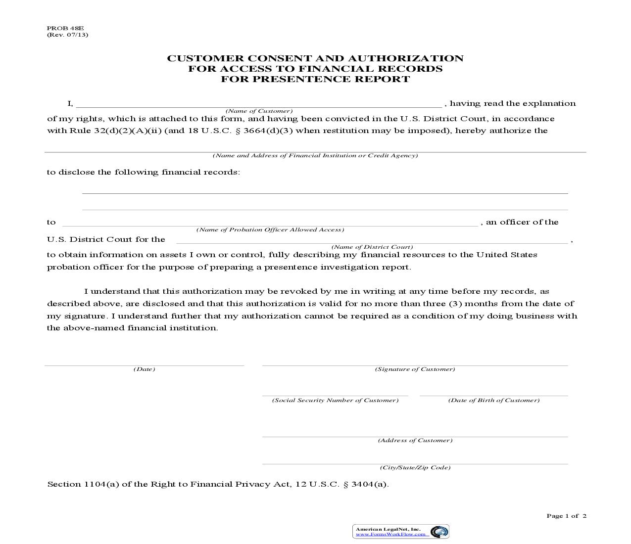 Customer Consent And Authorization For Access To Financial Records For Presentence Report {PROB 48E} | Pdf Fpdf Doc Docx | Missouri