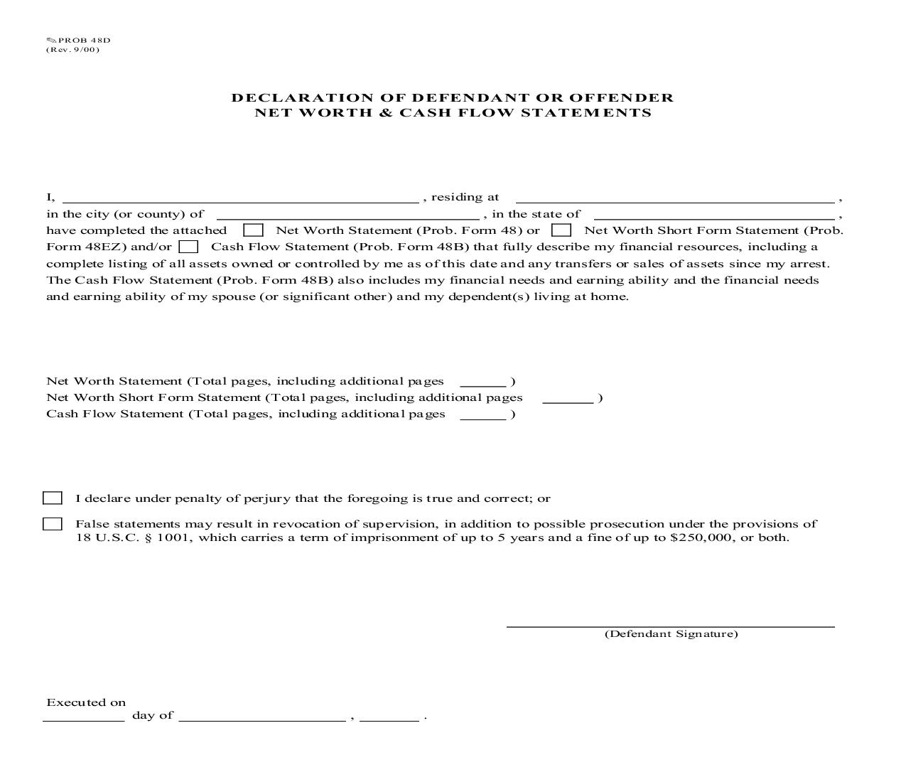 Declaration Of Defendant Or Offender Net Worth And Cash Flow Statement {PROB 48D} | Pdf Fpdf Doc Docx | Missouri