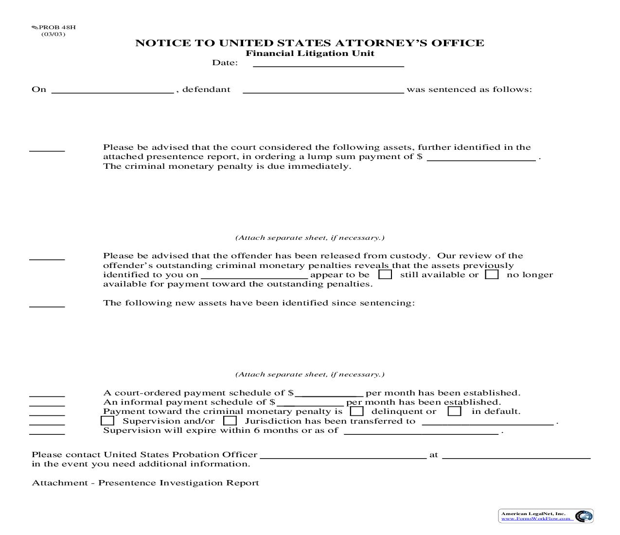 Notice To United States Attorneys Office {PROB 48H} | Pdf Fpdf Doc Docx | Missouri