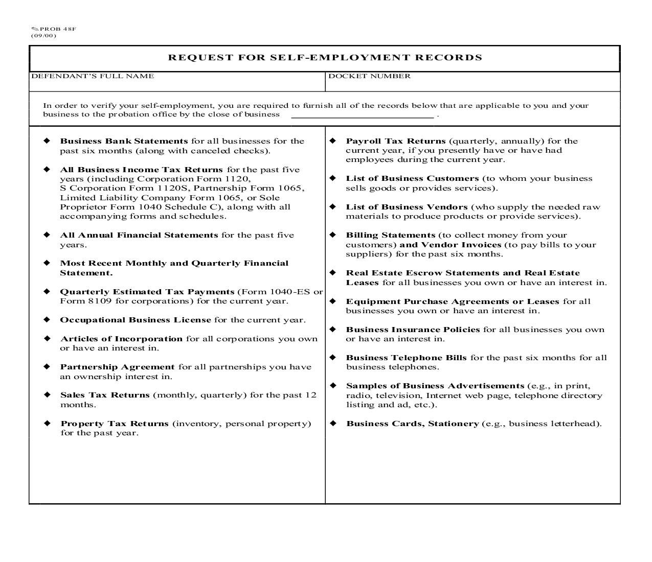 Request For Self Employment Records {PROB 48F} | Pdf Fpdf Doc Docx | Missouri