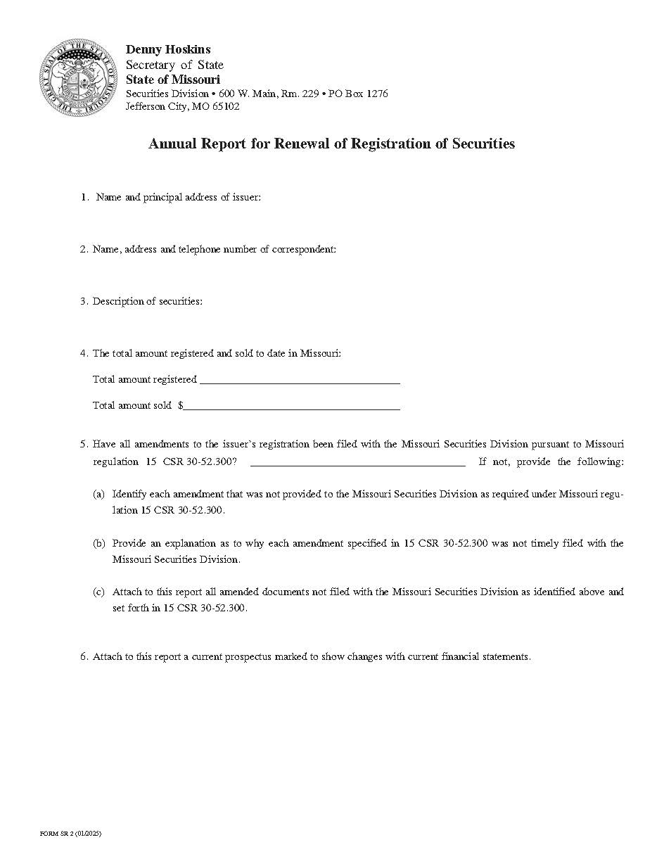 Annual Report For Renewal Of Registration Of Securities {SR-2} | Pdf Fpdf Doc Docx | Missouri