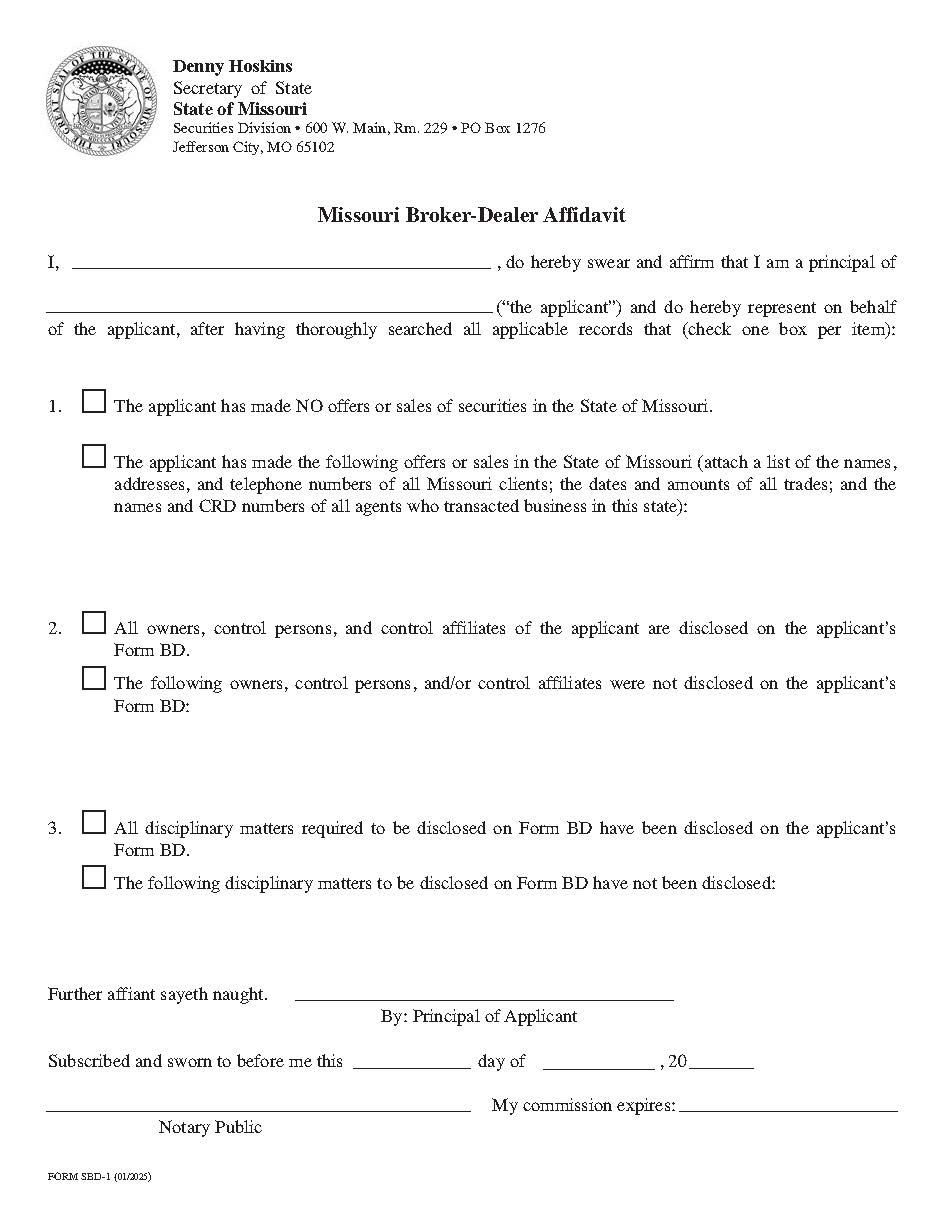 Broker Dealer Affidavit {SBD-1} | Pdf Fpdf Doc Docx | Missouri
