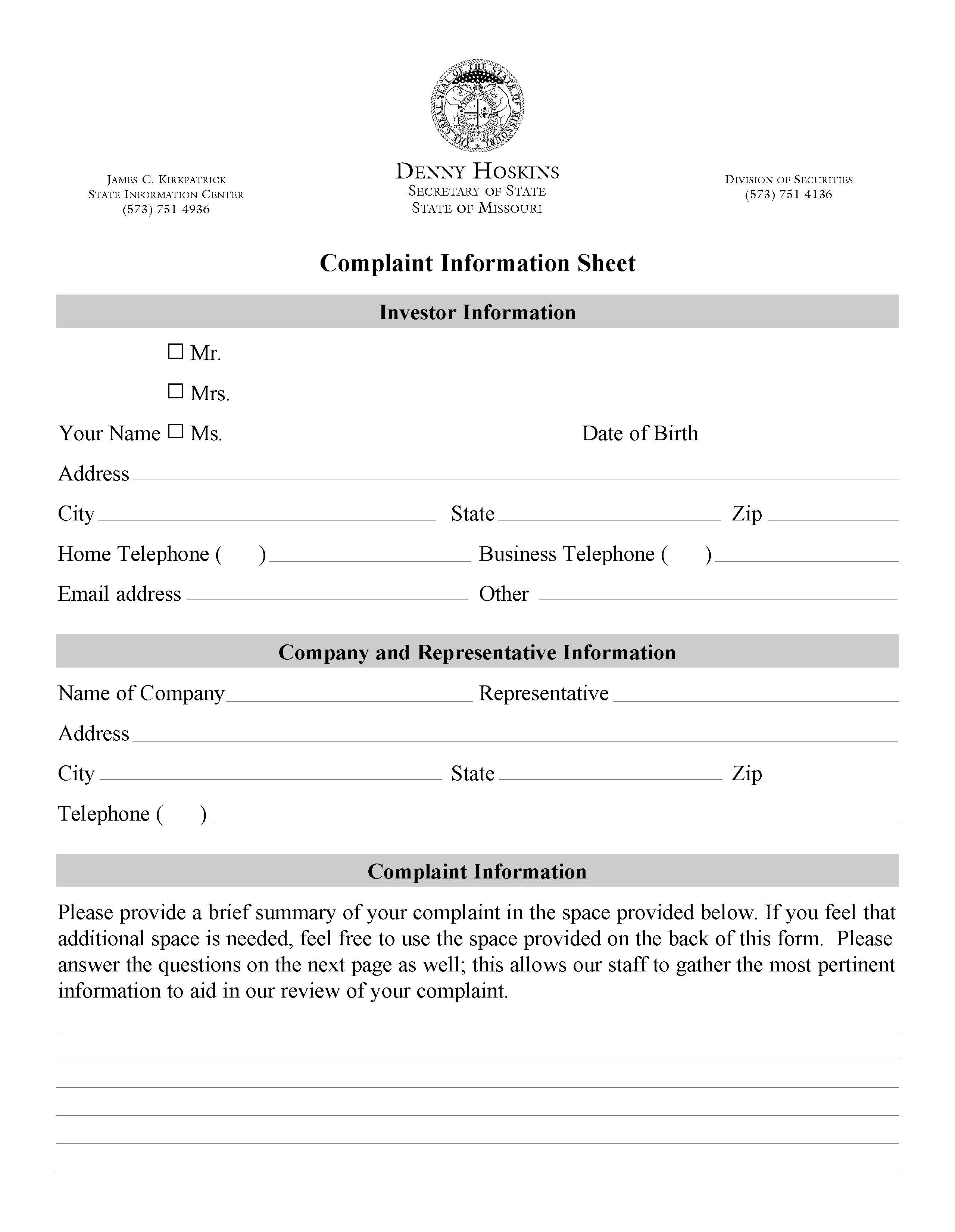 Complaint Information Sheet | Pdf Fpdf Doc Docx | Missouri