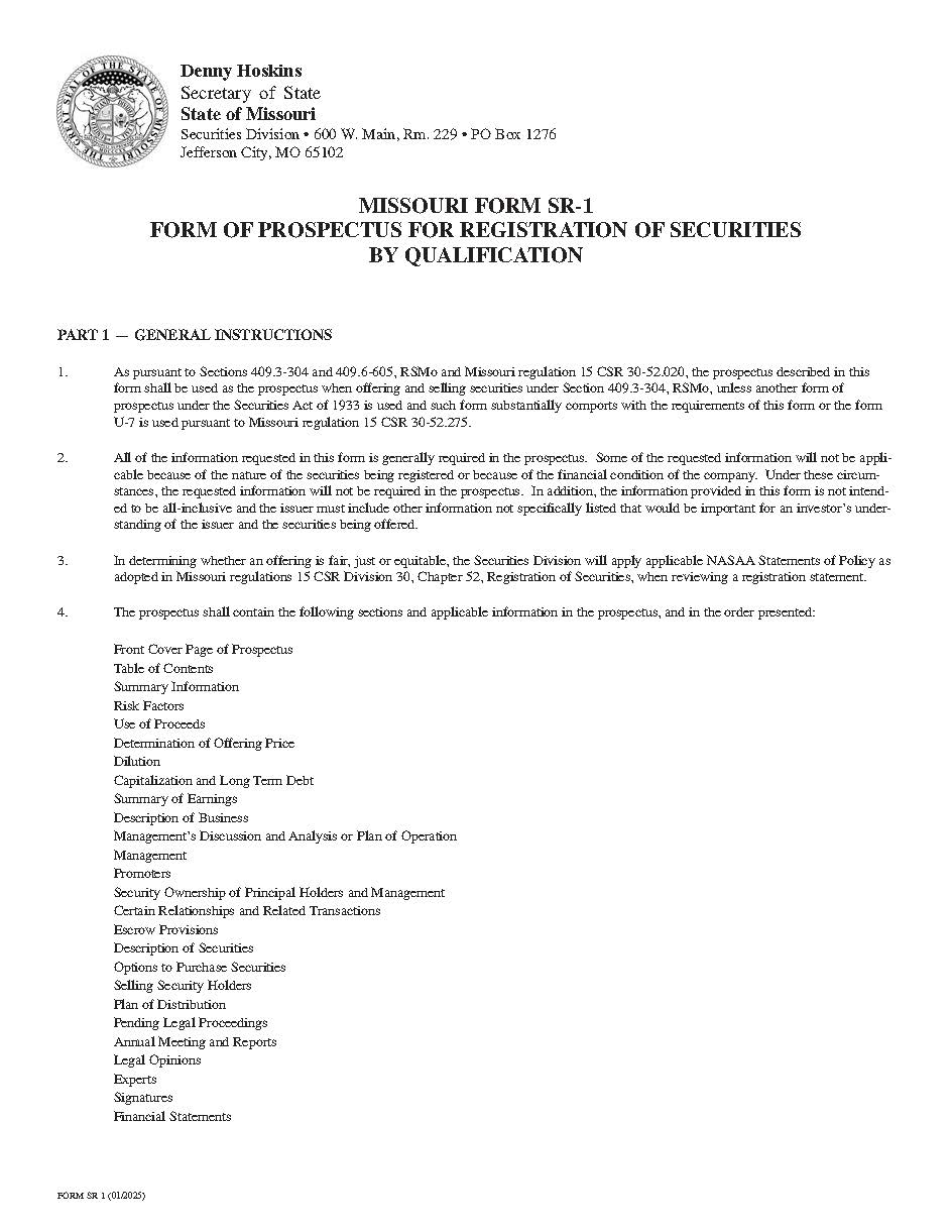 Form Of Prospectus For Registration Of Securities By Qualification {SR-1} | Pdf Fpdf Doc Docx | Missouri