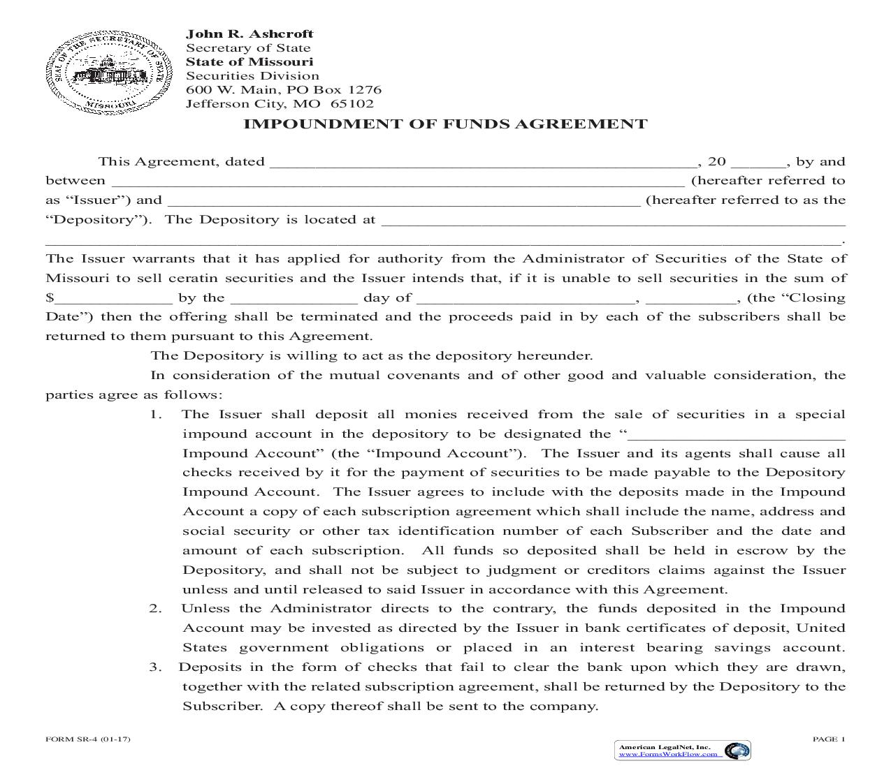 Impoundment Of Funds Agreement {SR-4} | Pdf Fpdf Doc Docx | Missouri
