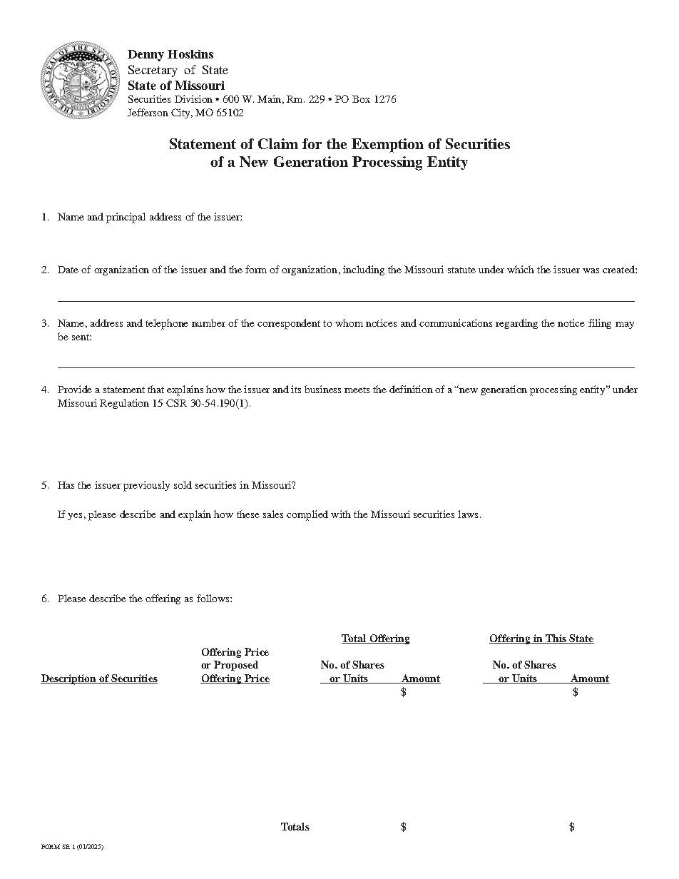 Statement Of Claim For Exemption Of Securities Of New Generation Processing Entity {SE-1} | Pdf Fpdf Doc Docx | Missouri