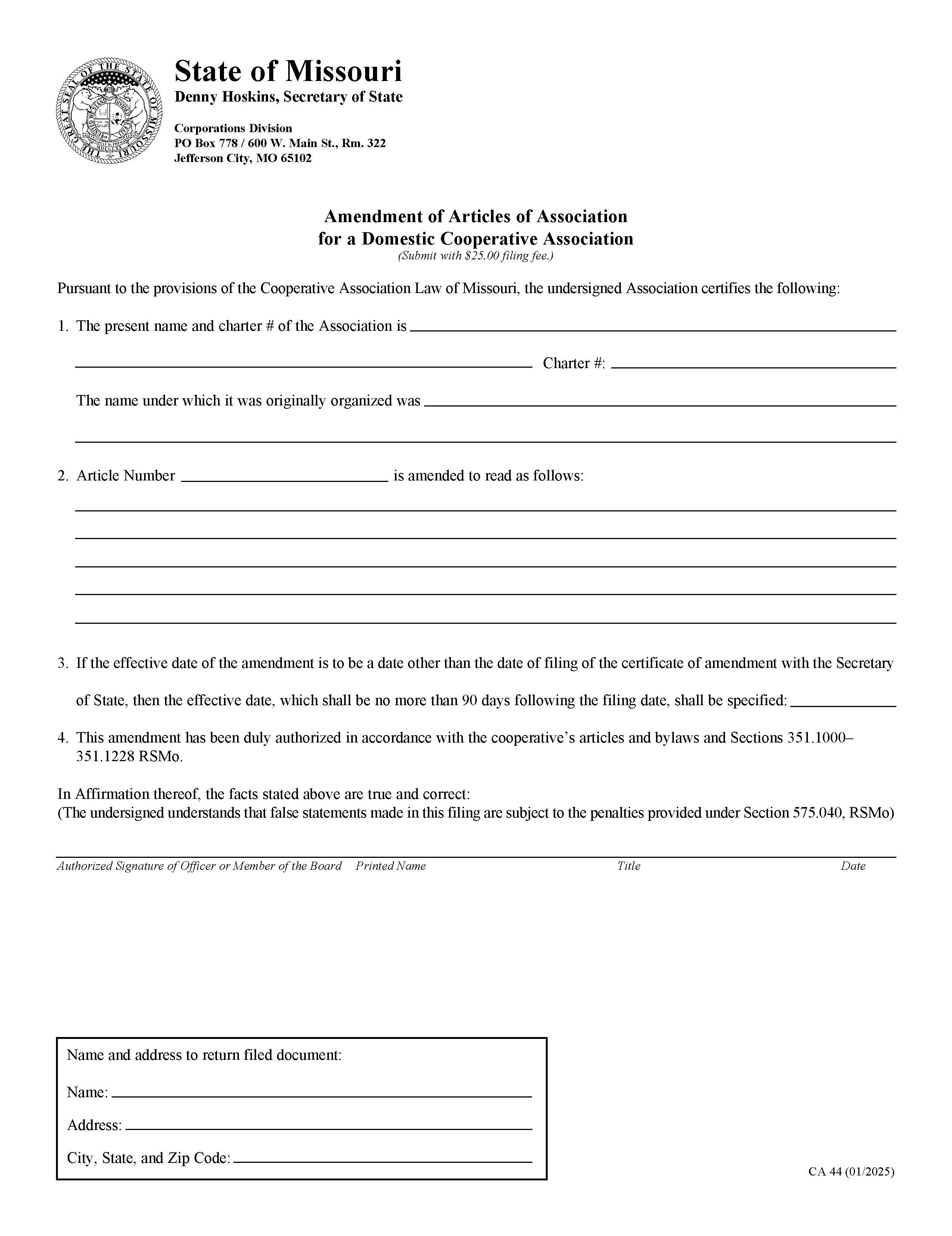 Amendment Of Articles Of Association For A Domestic Cooperative Association {CA 44} | Pdf Fpdf Docx | Missouri