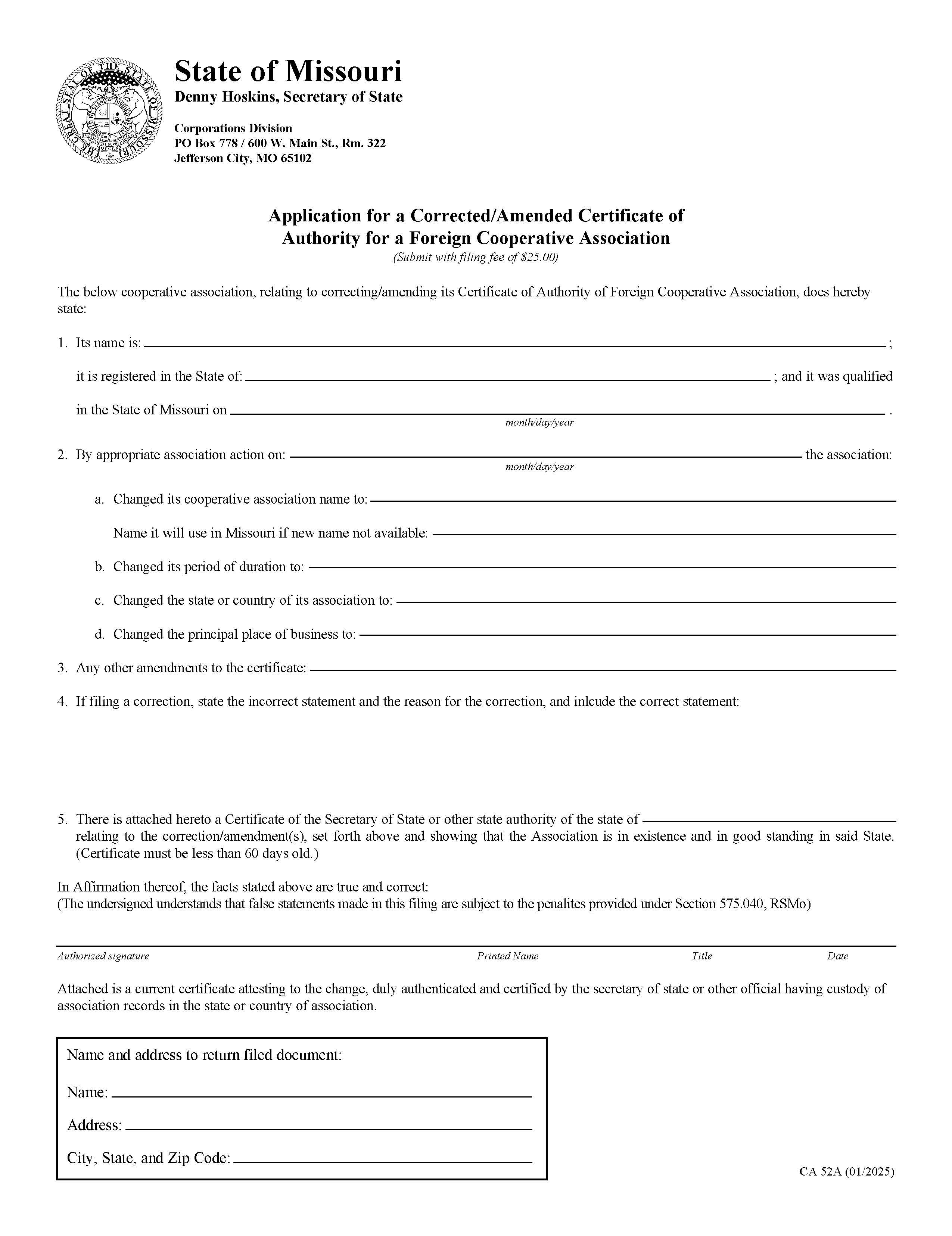 Application For A Corrected Or Amended Certificate Of Authority For A Foreign Cooperative Association {CA 52A} | Pdf Fpdf Doc Docx | Missouri