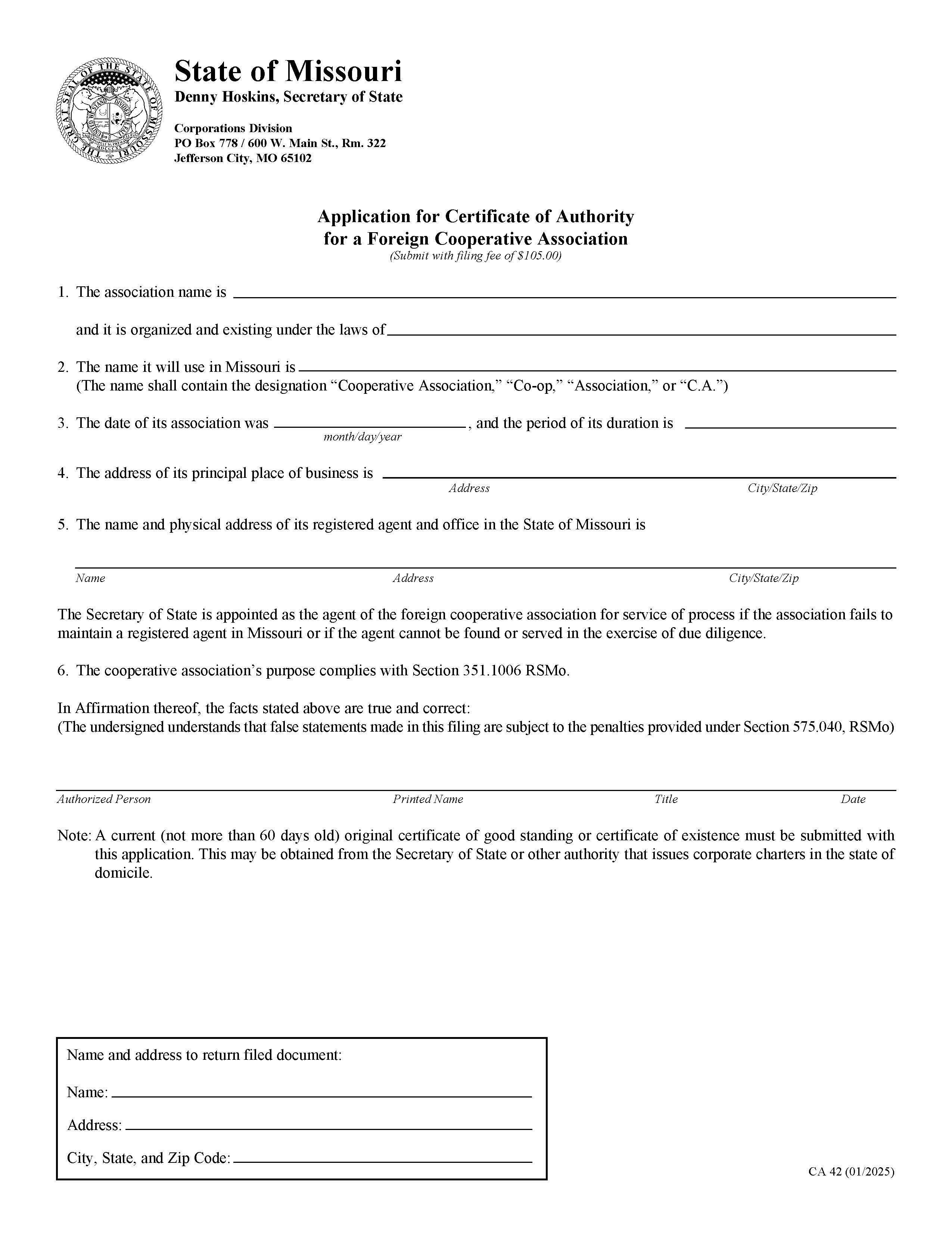 Application For Certificate Of Authority For A Foreign Cooperative Association {CA 42} | Pdf Fpdf Doc Docx | Missouri