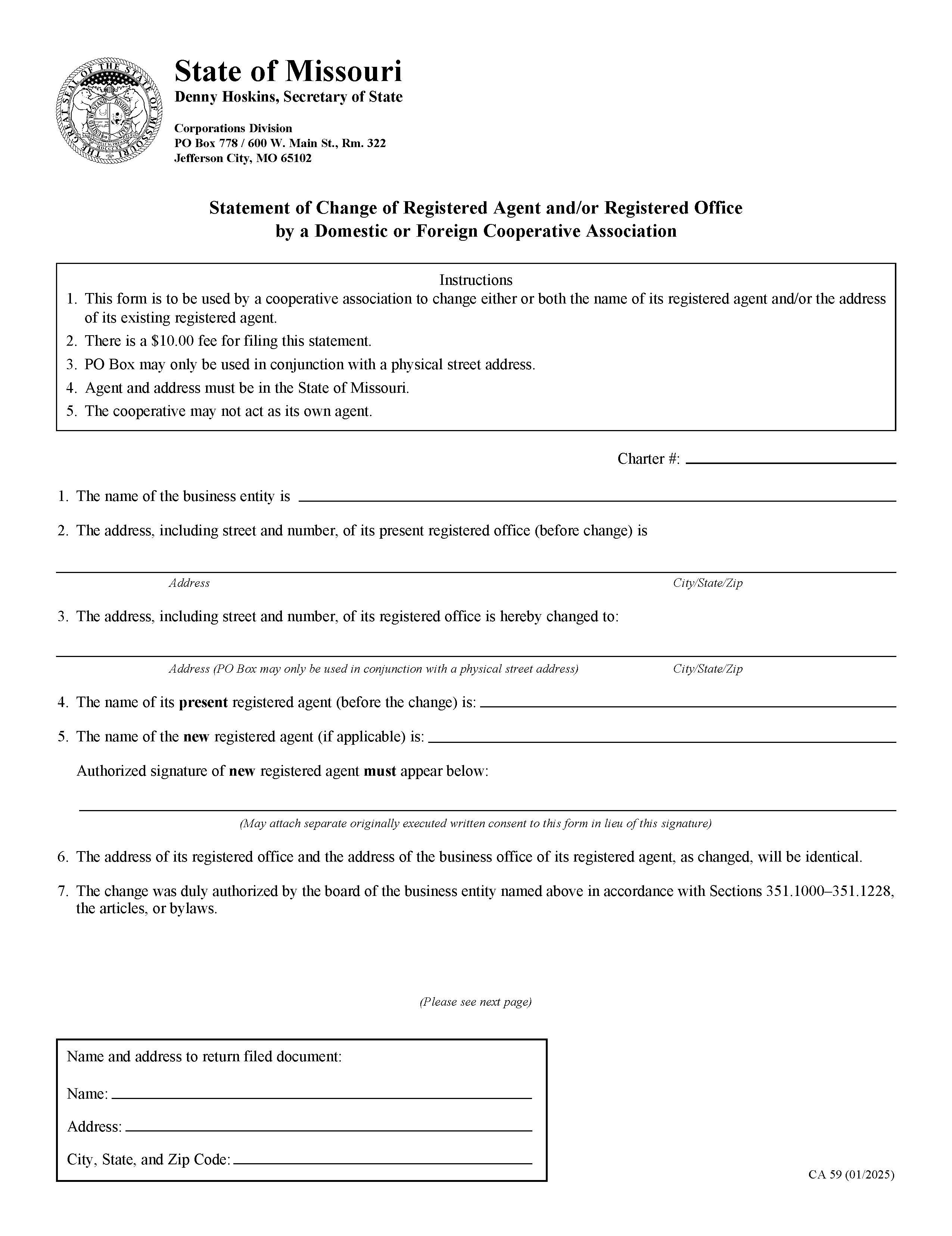 Statement Of Change Of Registered Agent And Or Registered Office By A  Cooperative Association {CA 59} | Pdf Fpdf Docx | Missouri