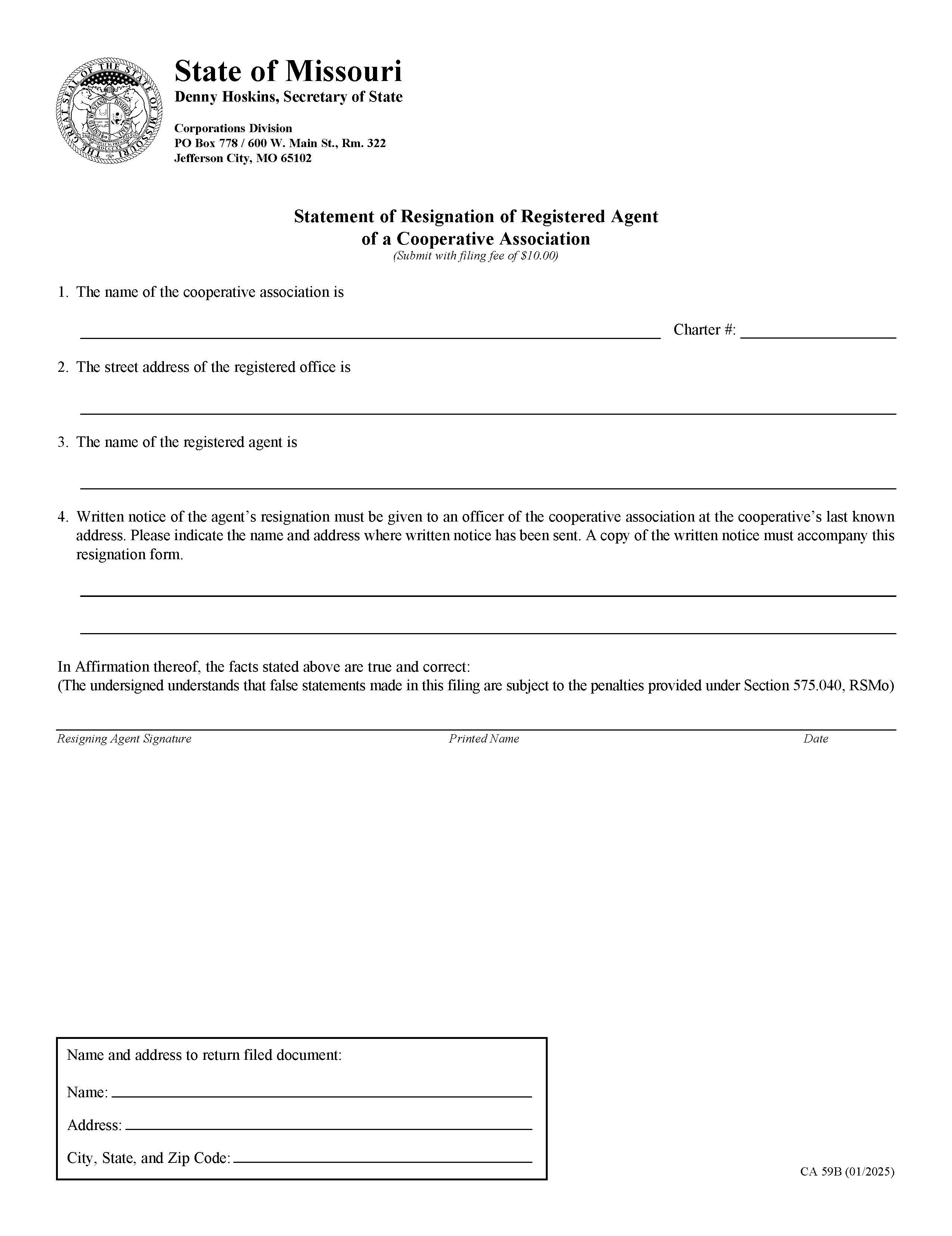 Statement Of Resignation Of Registered Agent Of A Cooperative Association {CA 59B} | Pdf Fpdf Docx | Missouri