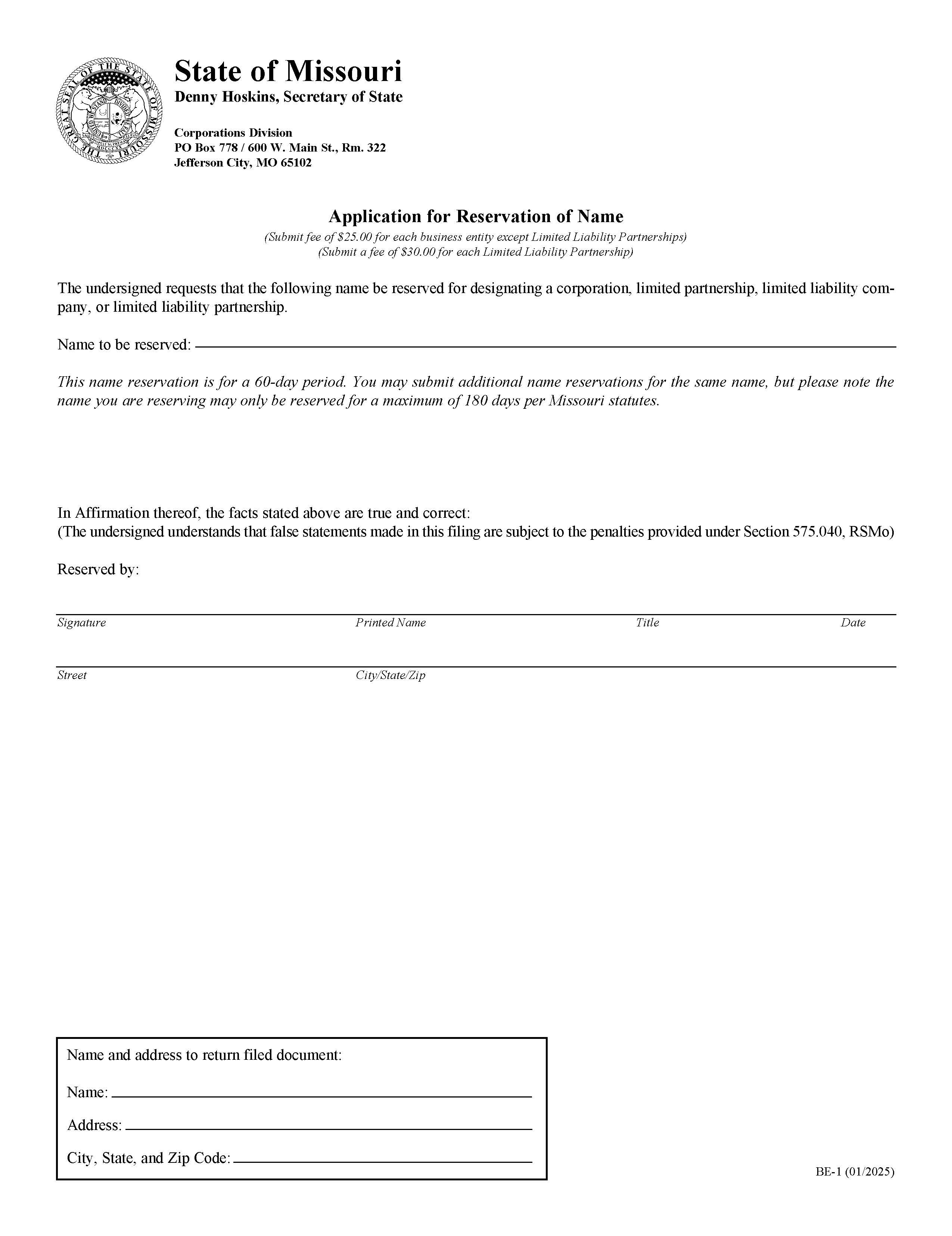 Application For  Reservation Of Name {BE 1} | Pdf Fpdf Doc Docx | Missouri