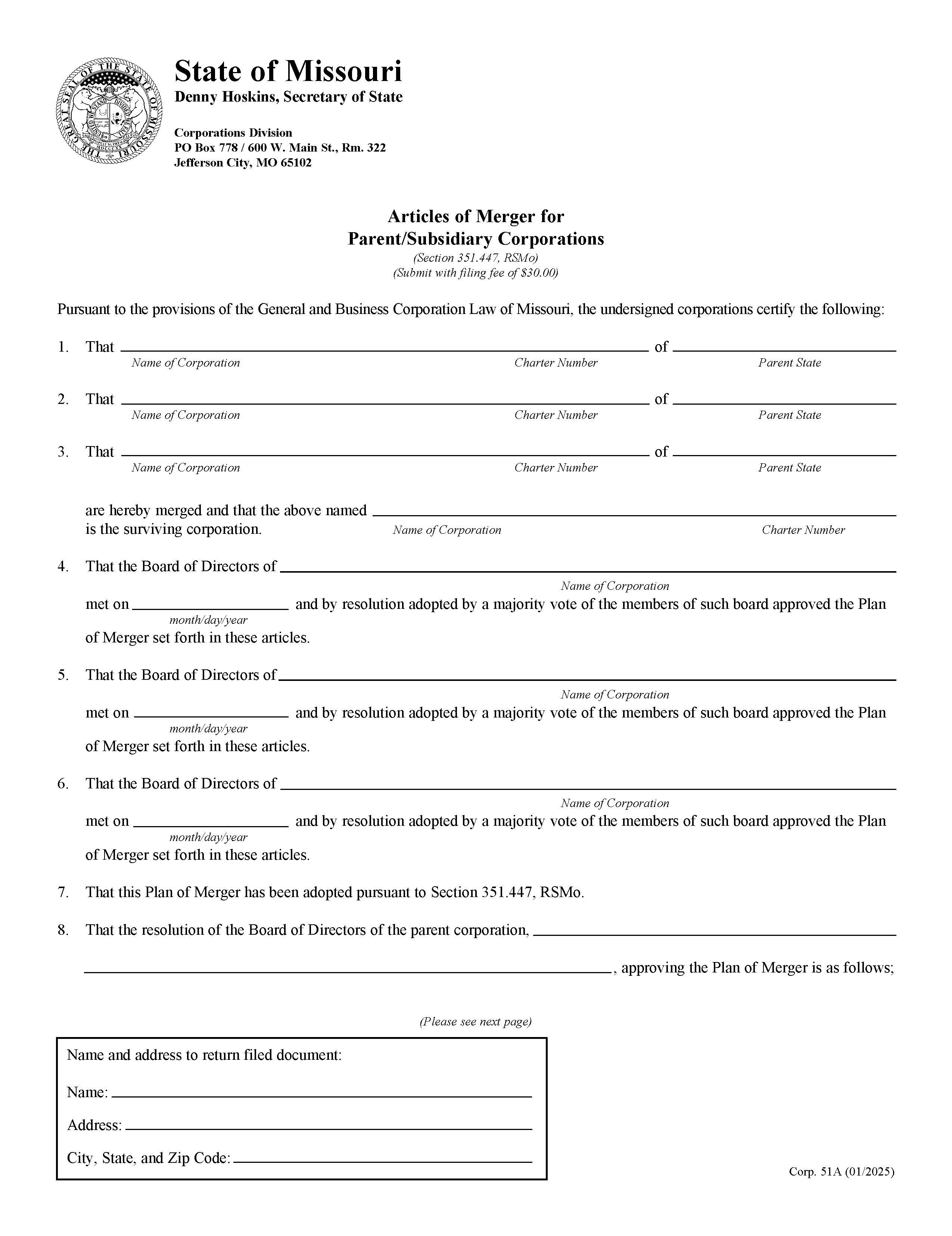 Articles Of Merger For Parent Subsidiary Corporations {51A} | Pdf Fpdf Doc Docx | Missouri