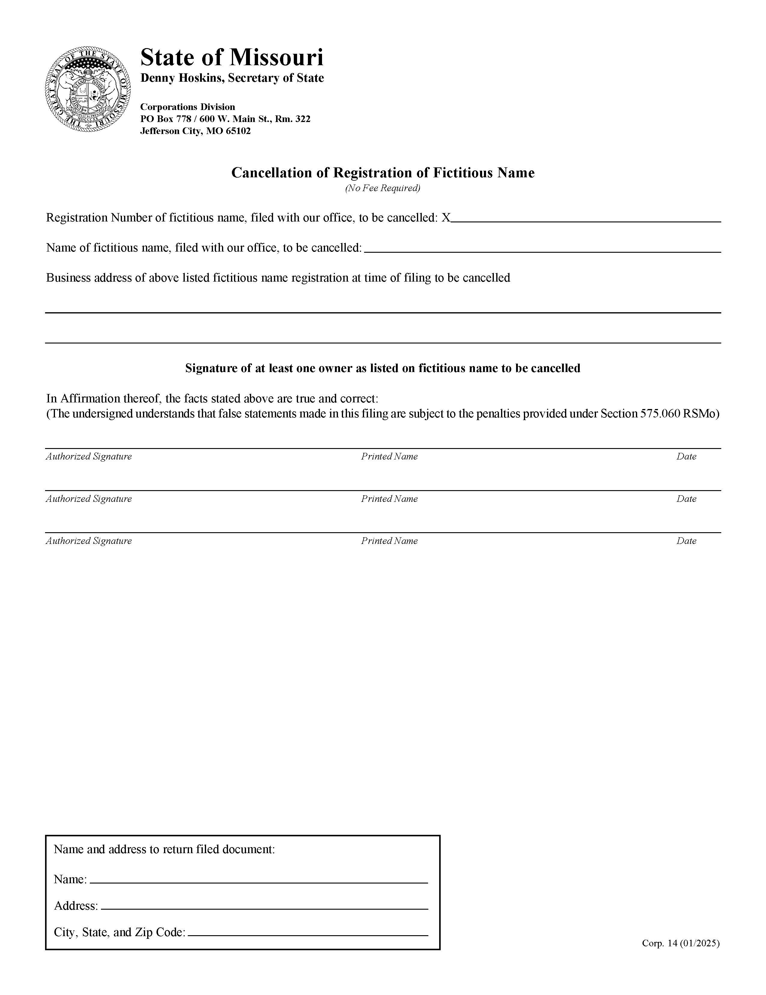 Cancellation Of Registration Of Fictitious Name {14} | Pdf Fpdf Doc Docx | Missouri