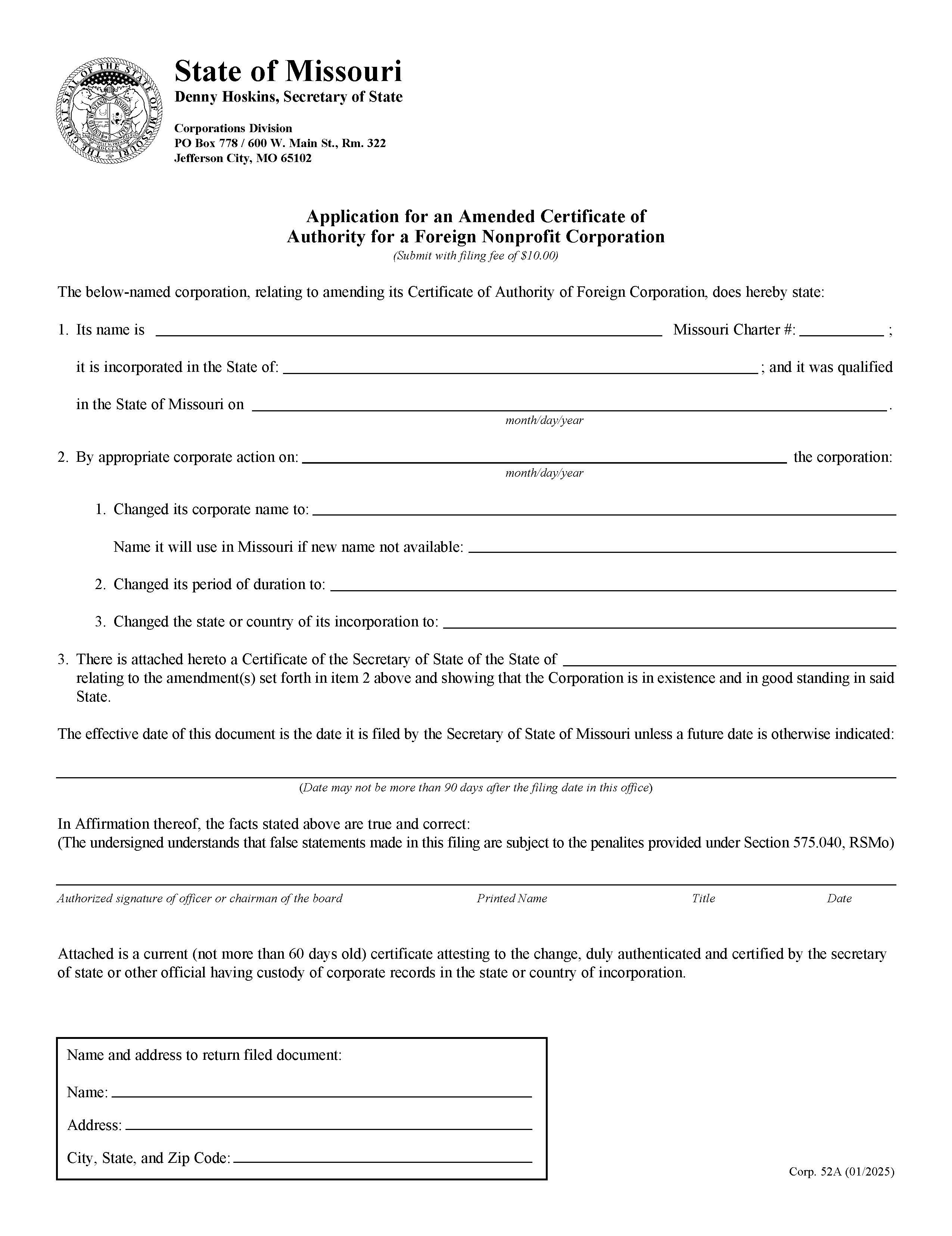 Application For An Amended Certificate Of Authority For A Foreign Nonprofit Corporation {52A} | Pdf Fpdf Doc Docx | Missouri