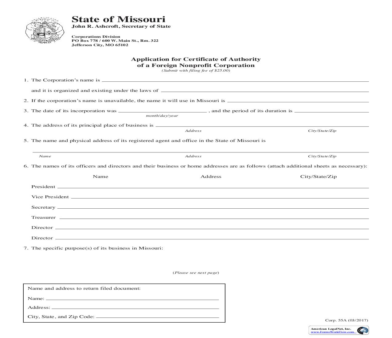 Application For Certificate Of Authority Of A Foreign Nonprofit Corporation {55A} | Pdf Fpdf Doc Docx | Missouri