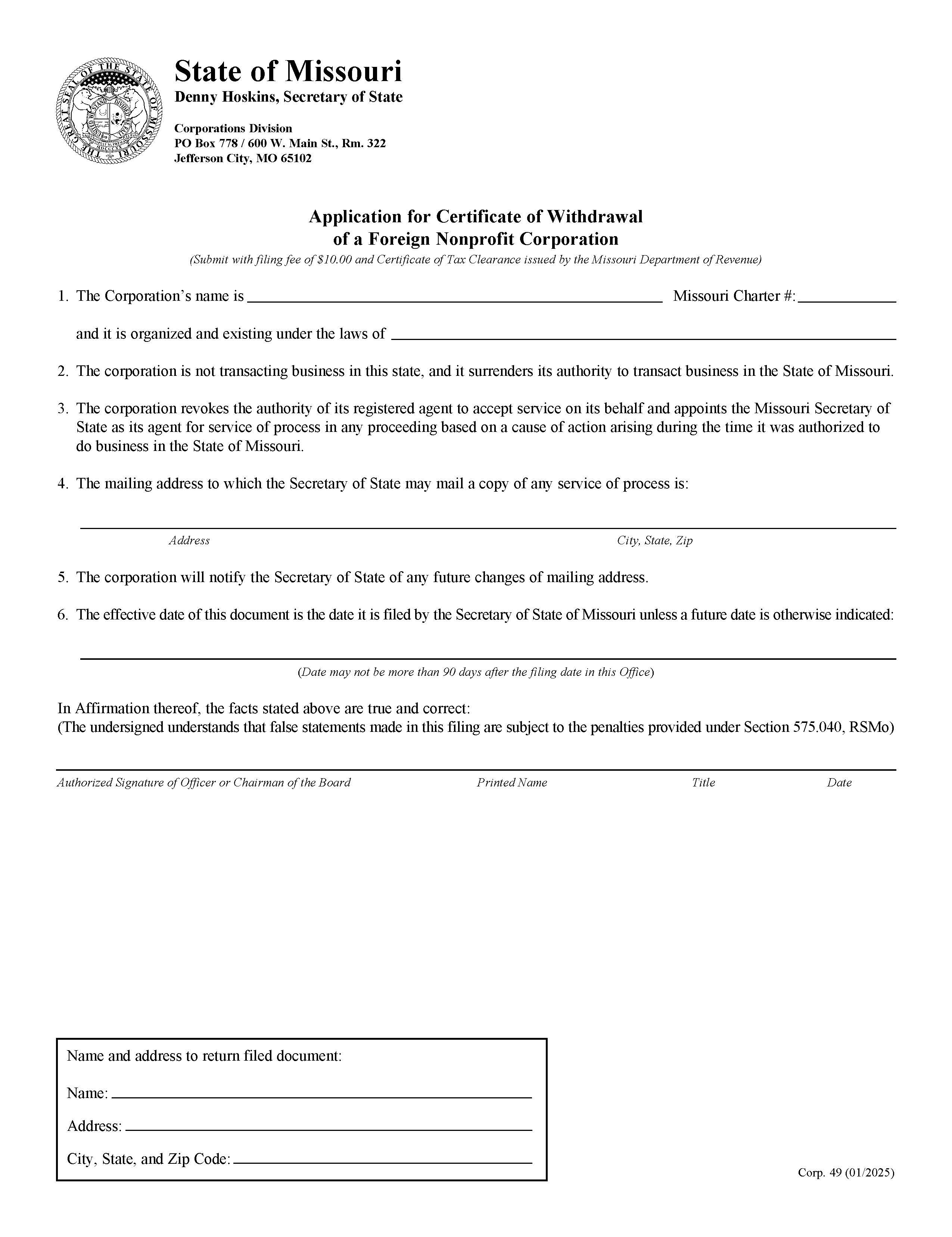 Application For Certificate Of Withdrawal Of A Foreign Nonprofit Corporation {49} | Pdf Fpdf Doc Docx | Missouri