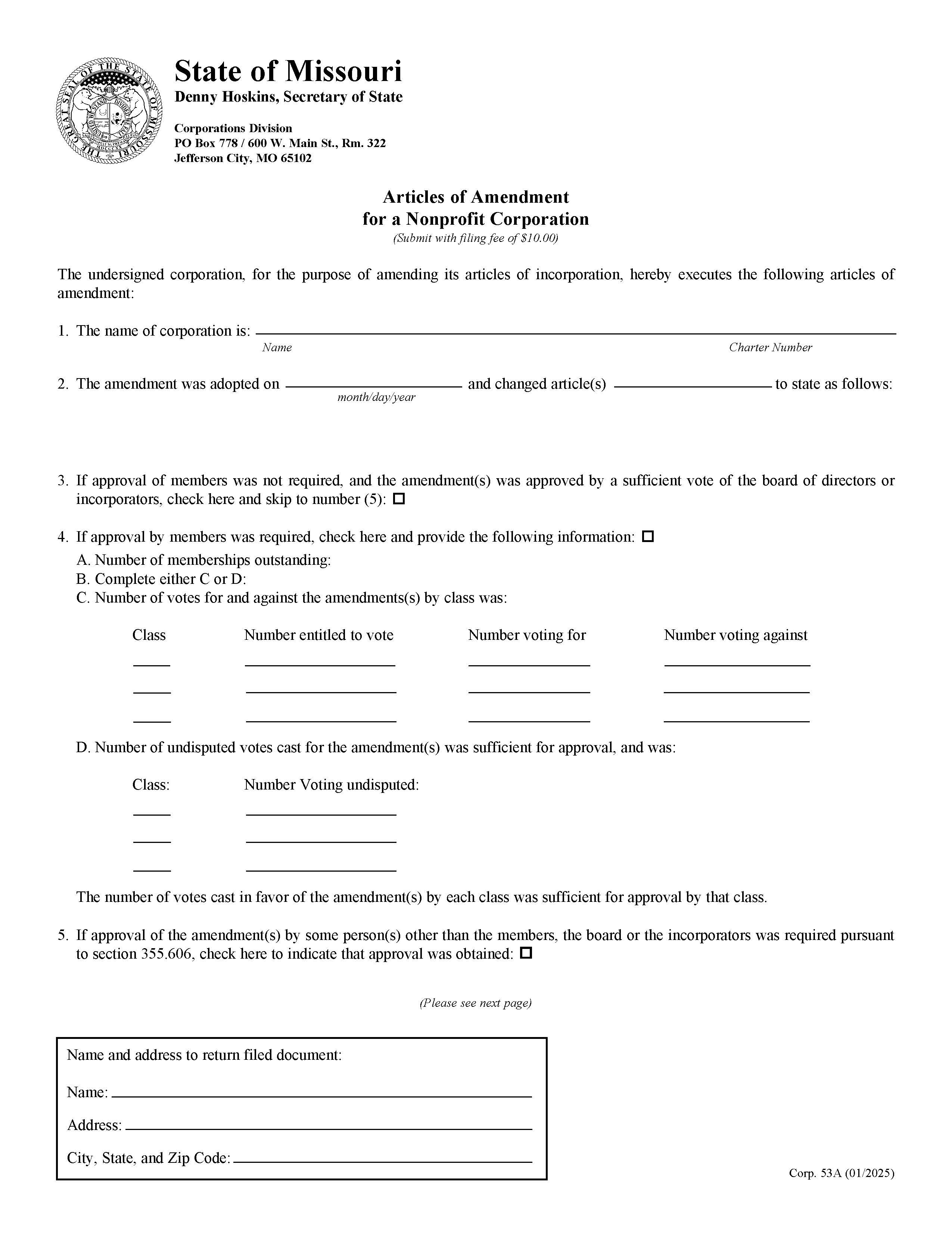 Articles Of Amendment For A Nonprofit  Corporation {53A} | Pdf Fpdf Doc Docx | Missouri