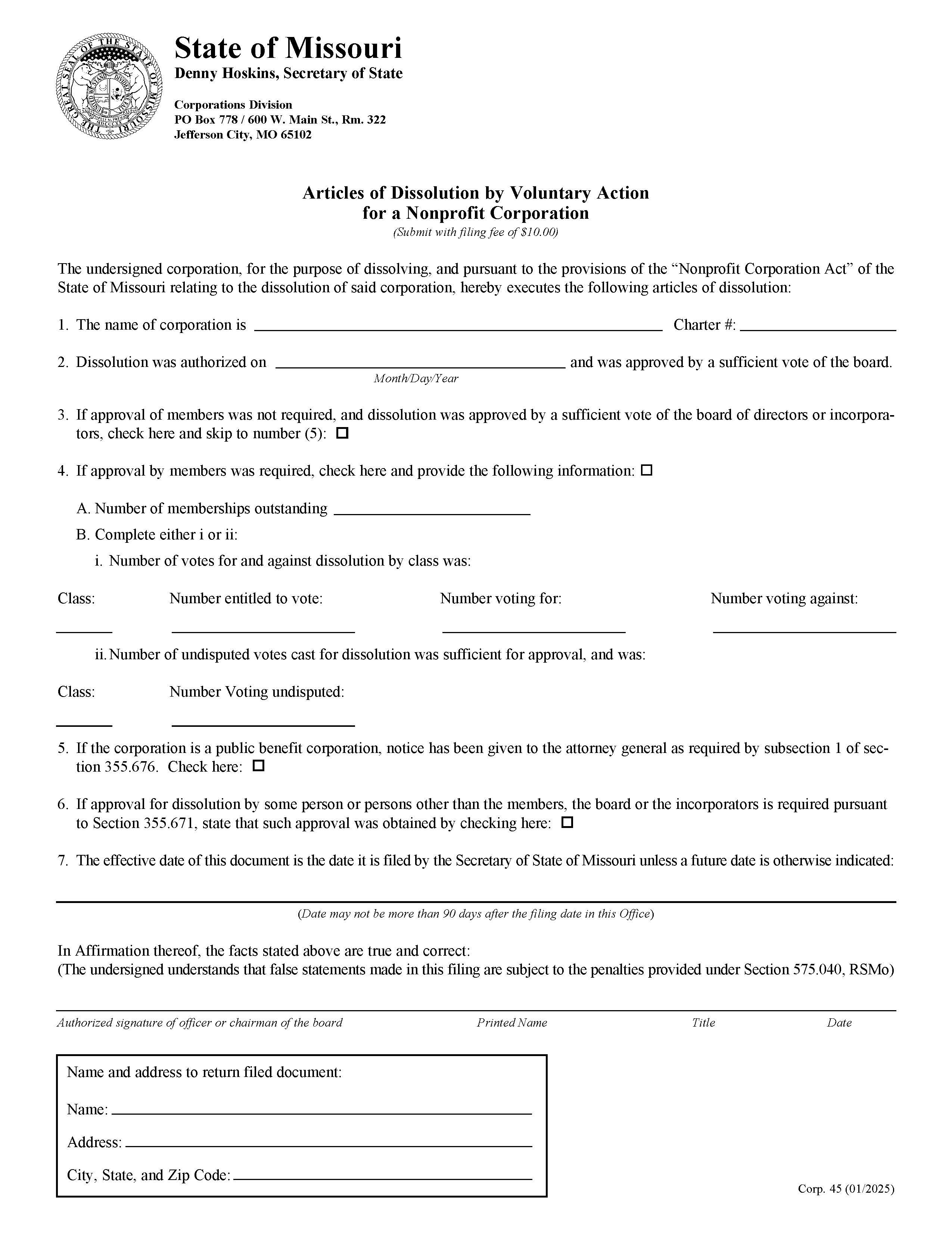 Articles Of Dissolution By Voluntary Action For A Nonprofit Corporation {45} | Pdf Fpdf Doc Docx | Missouri