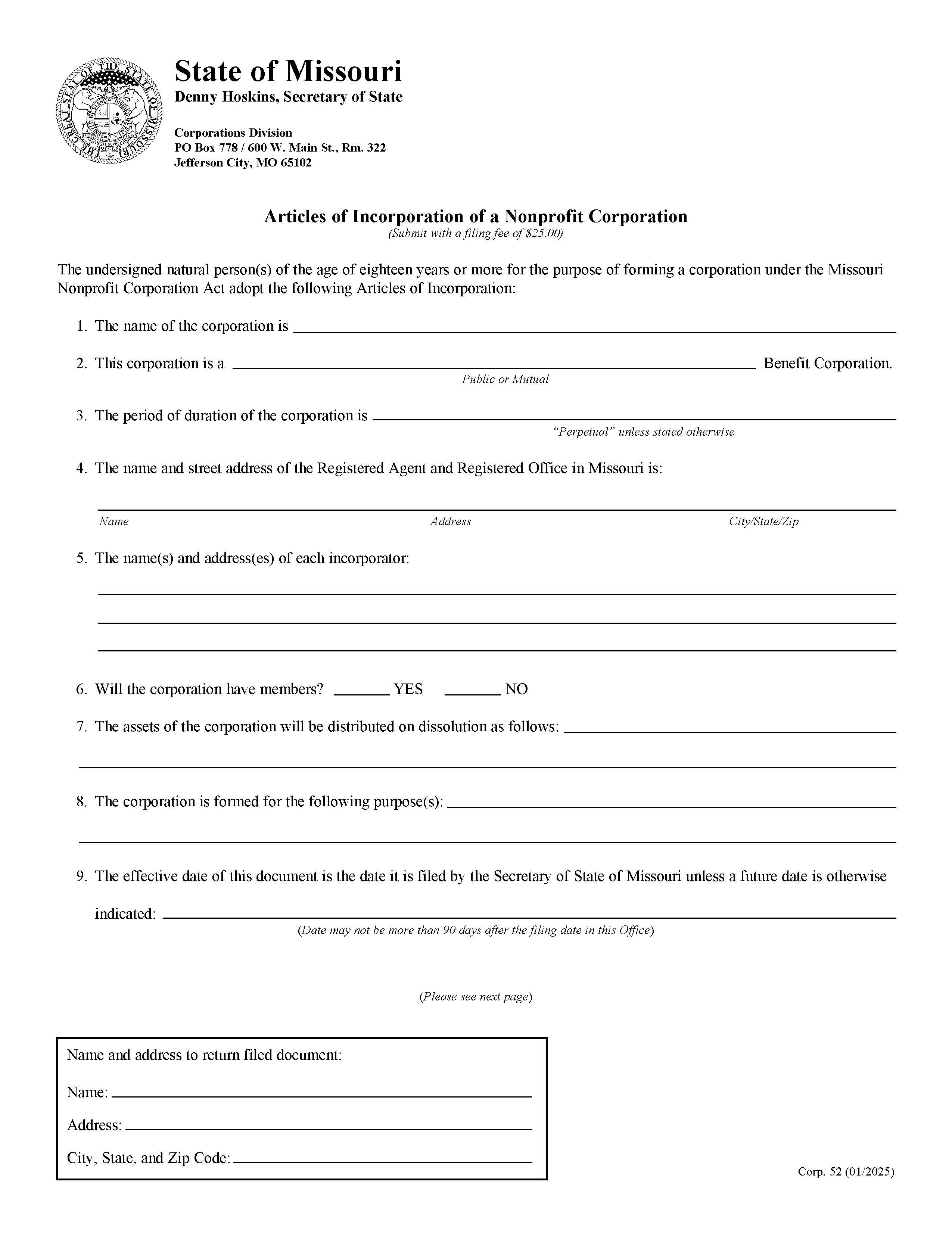 Articles Of Incorporation Of A Nonprofit Corporation  {52} | Pdf Fpdf Doc Docx | Missouri