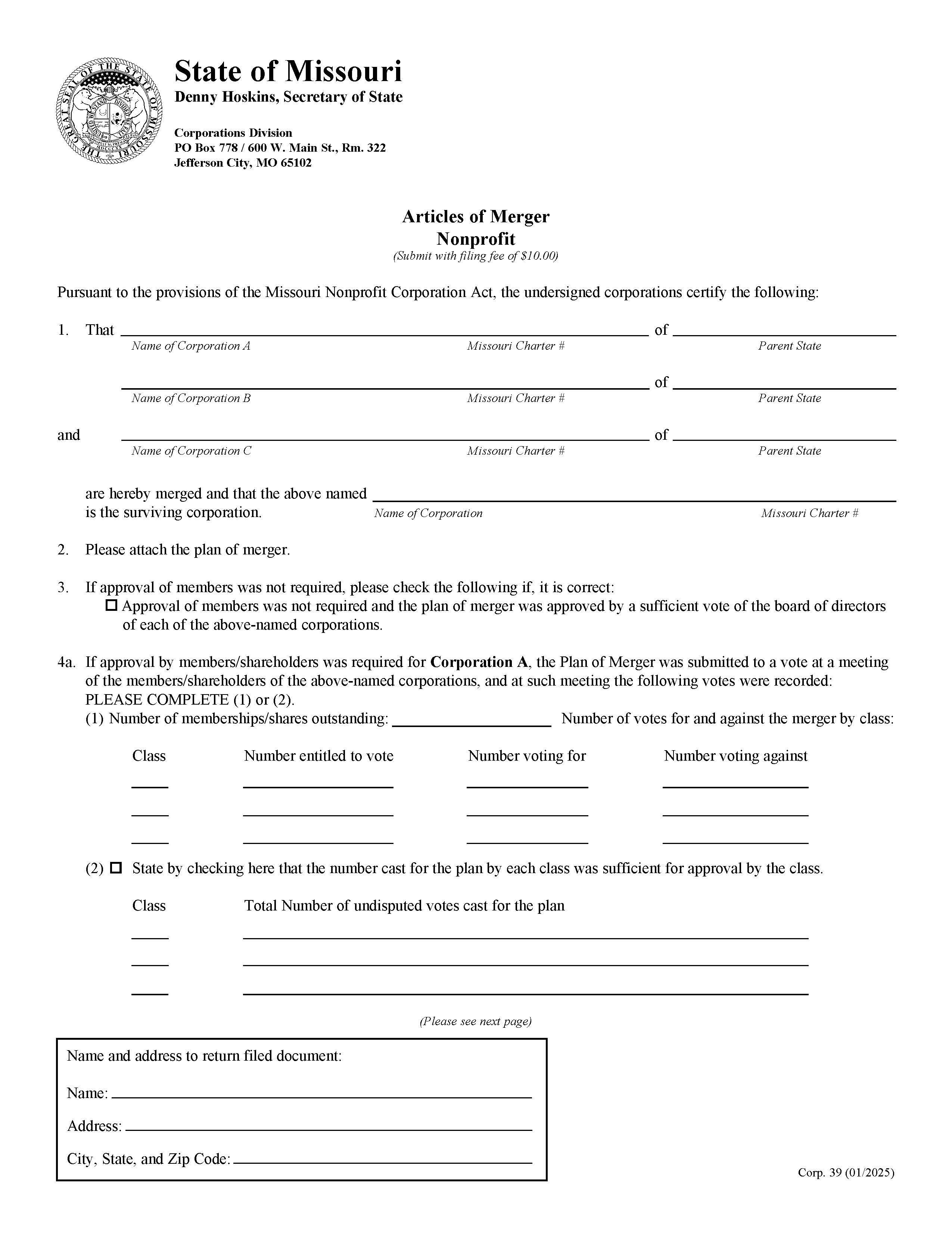 Articles Of Merger-Non Profit {39} | Pdf Fpdf Doc Docx | Missouri