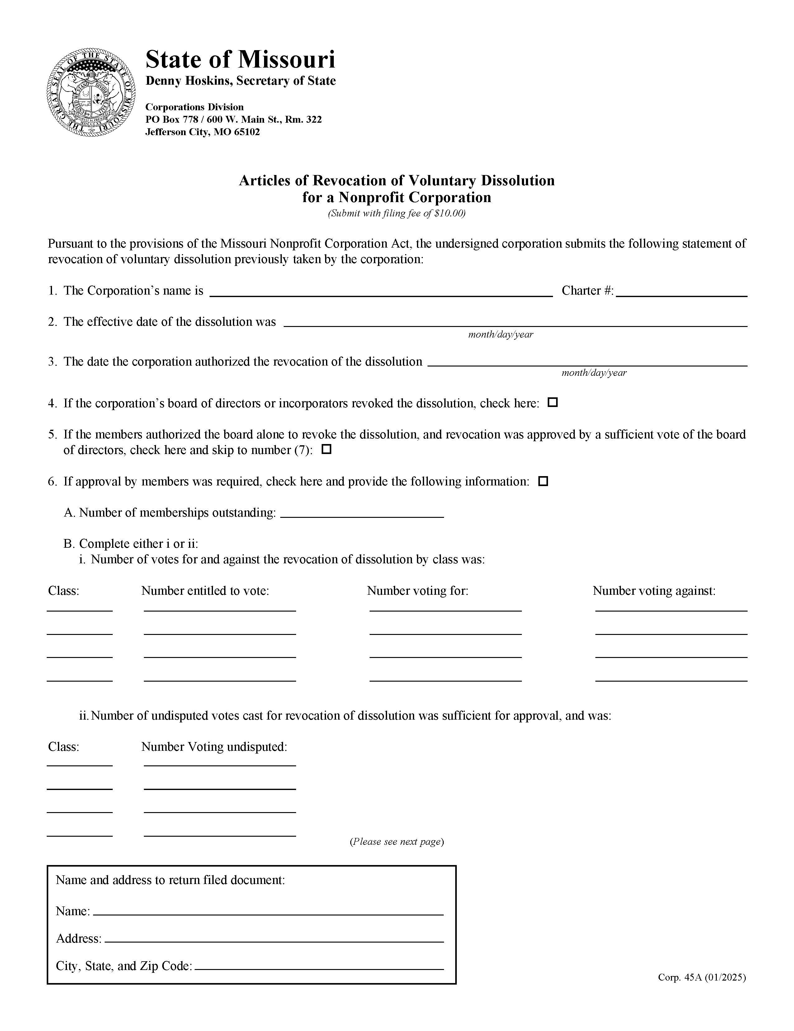 Articles Of Revocation Of Voluntary Dissolution For A Nonprofit Corporation {45A} | Pdf Fpdf Doc Docx | Missouri