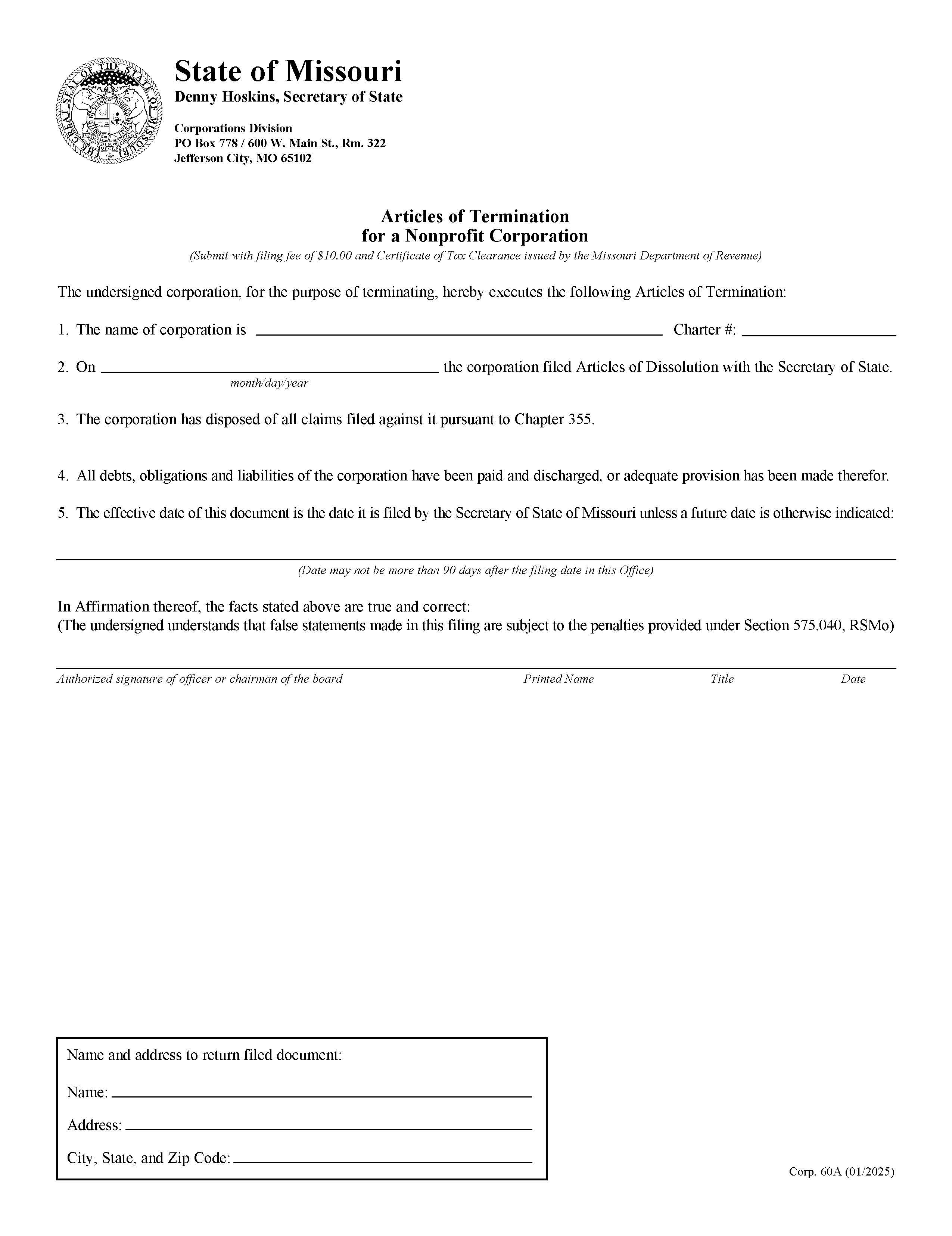 Articles Of Termination For A Nonprofit Corporation {60A} | Pdf Fpdf Doc Docx | Missouri