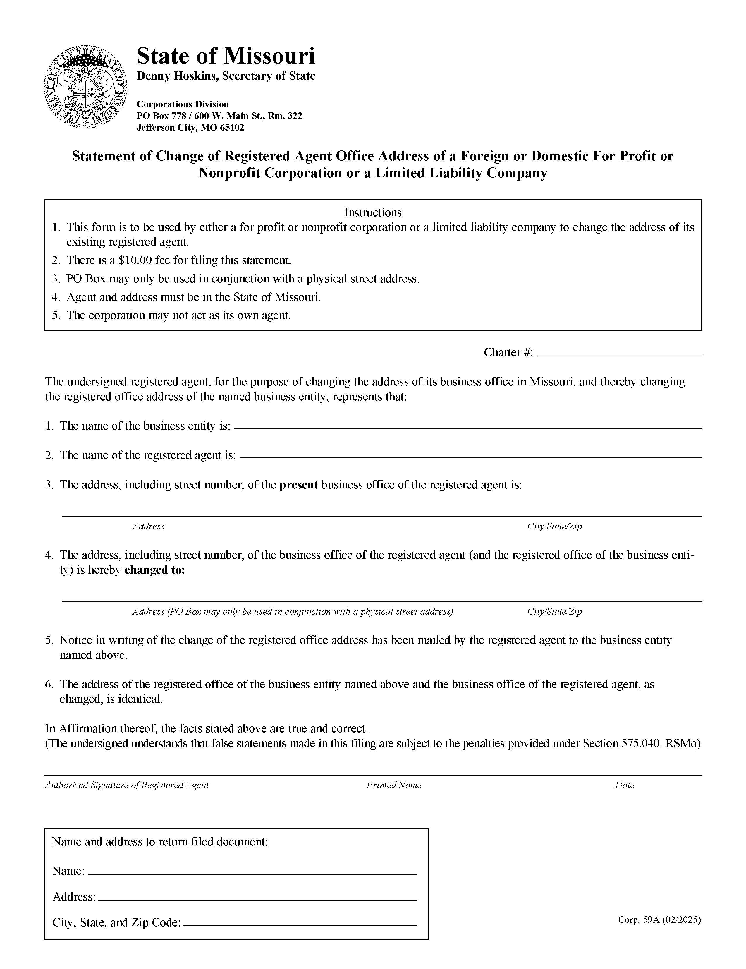 Statement Of Change Of Business Office Address By A Registered Agent  {59A} | Pdf Fpdf Docx | Missouri