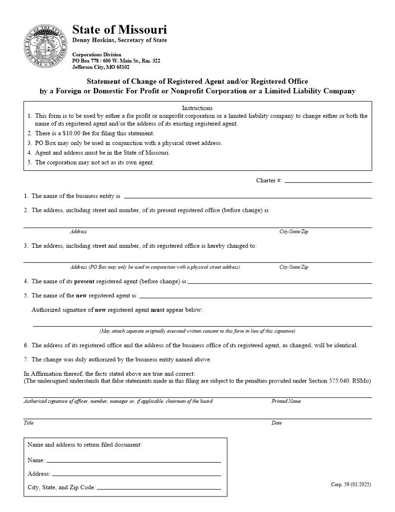 Statement Of Change Of Registered Agent And Or Registered Office {59} | Pdf Fpdf Doc Docx | Missouri