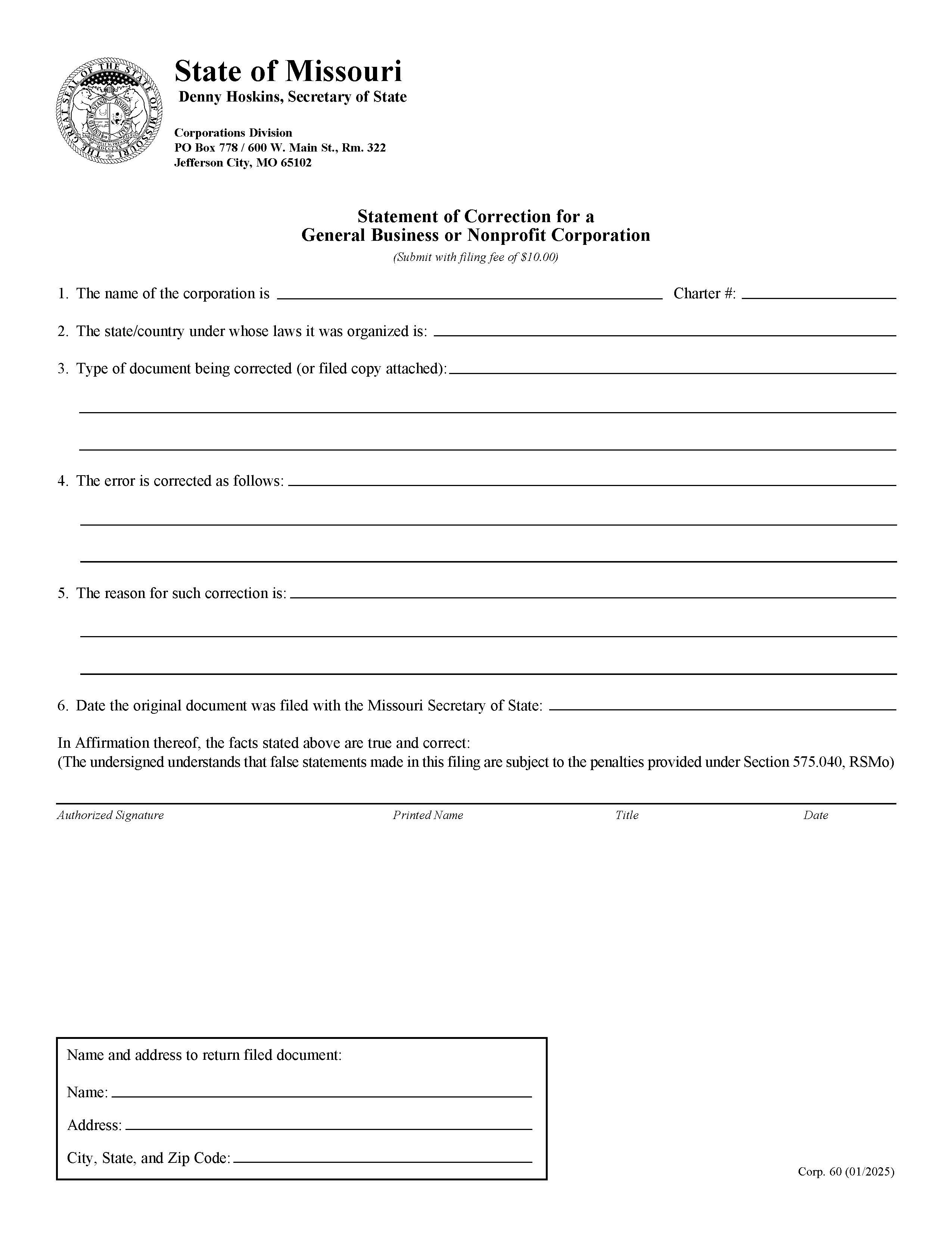 Statement Of Correction For A General Business Or Nonprofit Corporation {60} | Pdf Fpdf Doc Docx | Missouri