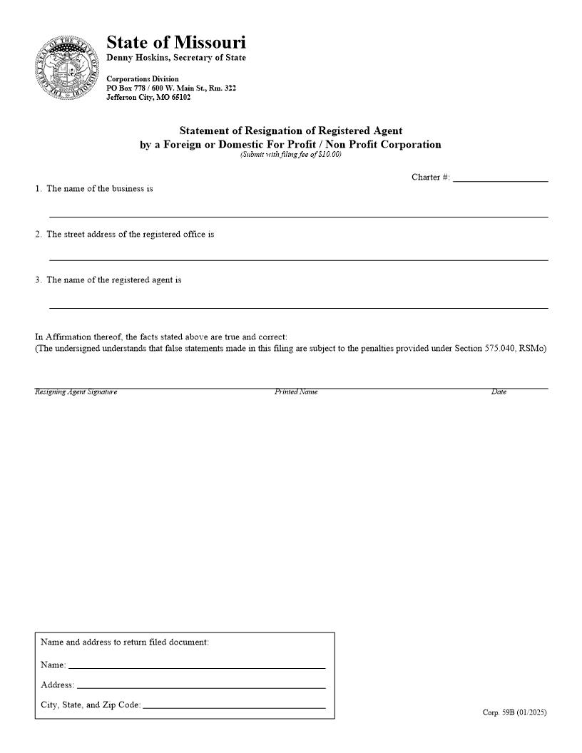 Statement Of Resignation Of Registered Agent {59B} | Pdf Fpdf Doc Docx | Missouri