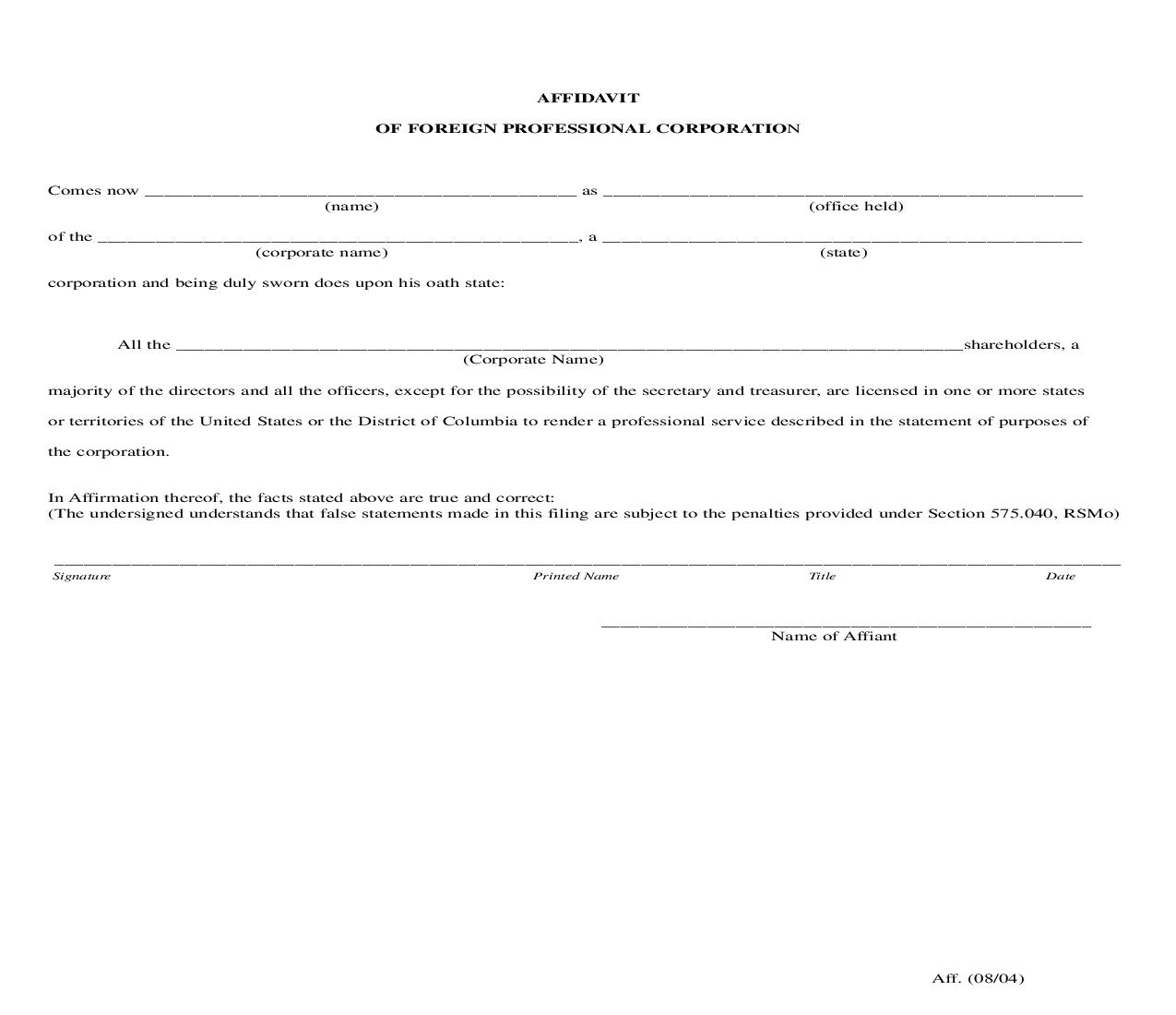 Affidavit Of Foreign Professional Corporation | Pdf Fpdf Doc Docx | Missouri