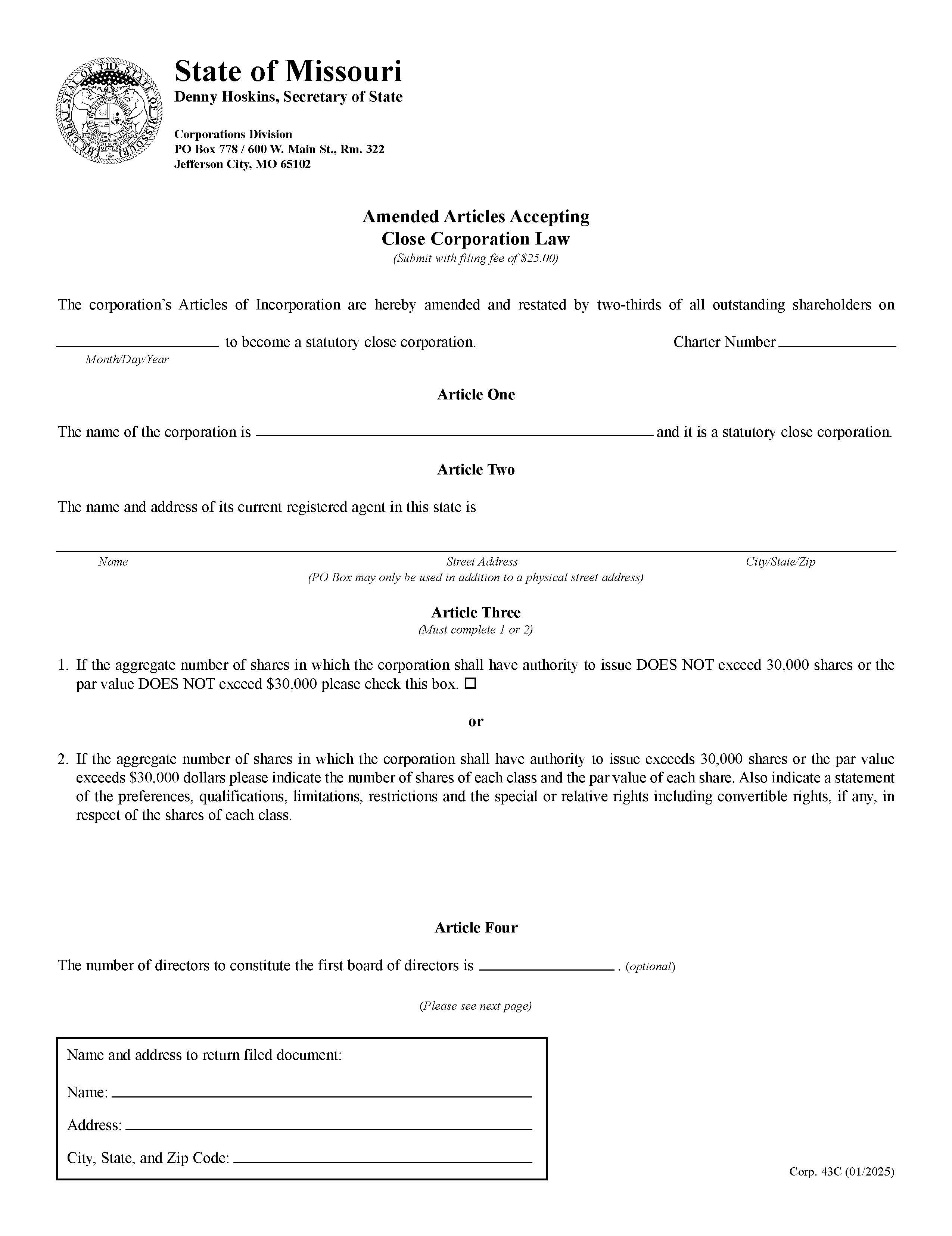 Amended Articles Accepting  Close Corporation  Law {43c} | Pdf Fpdf Doc Docx | Missouri